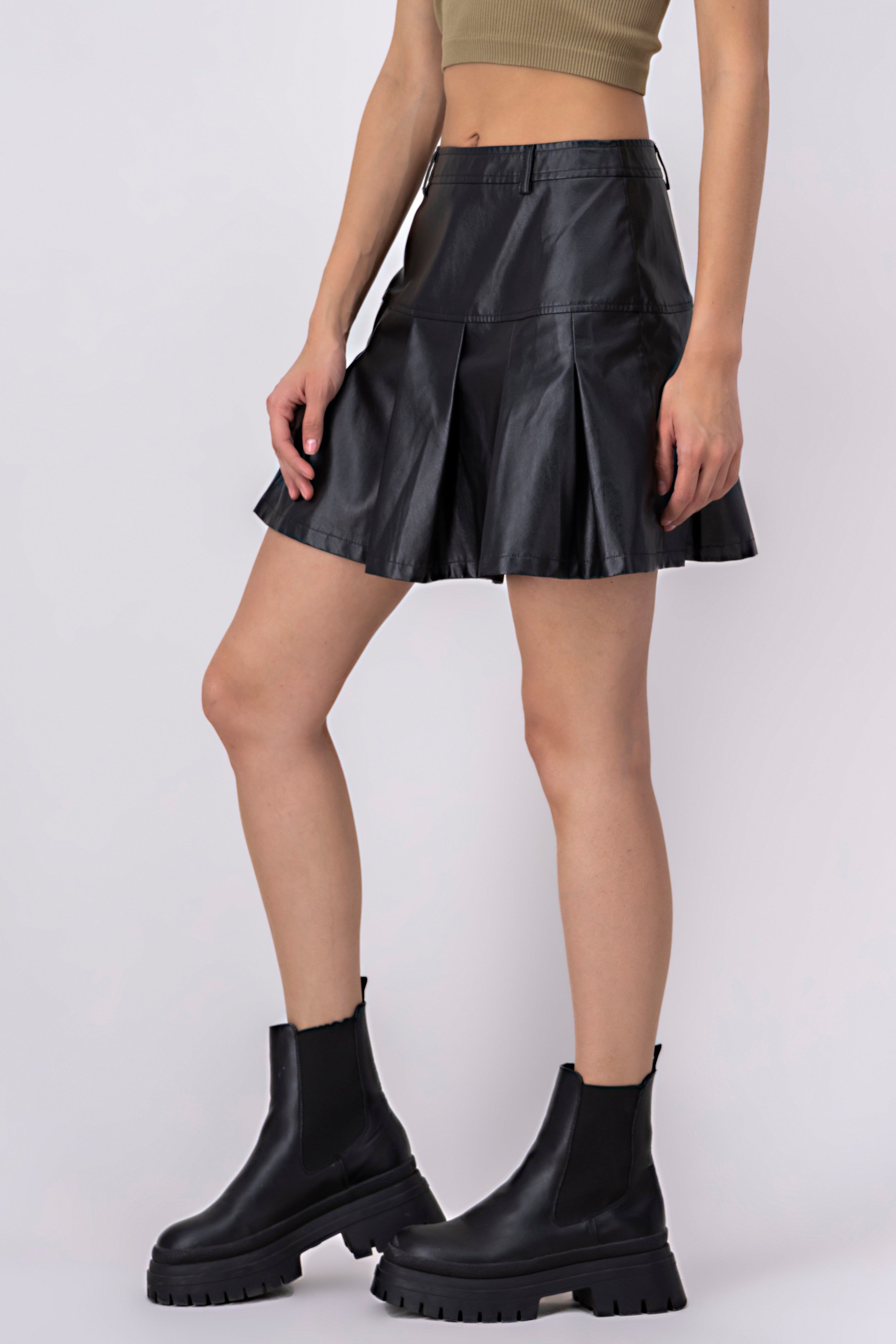 Faux Leather Pleated Midi Skirt BLACK