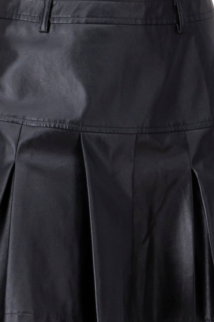 Faux Leather Pleated Midi Skirt BLACK