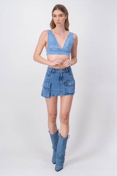 Denim Mini Cargo Skirt LIGHT ACID WASH