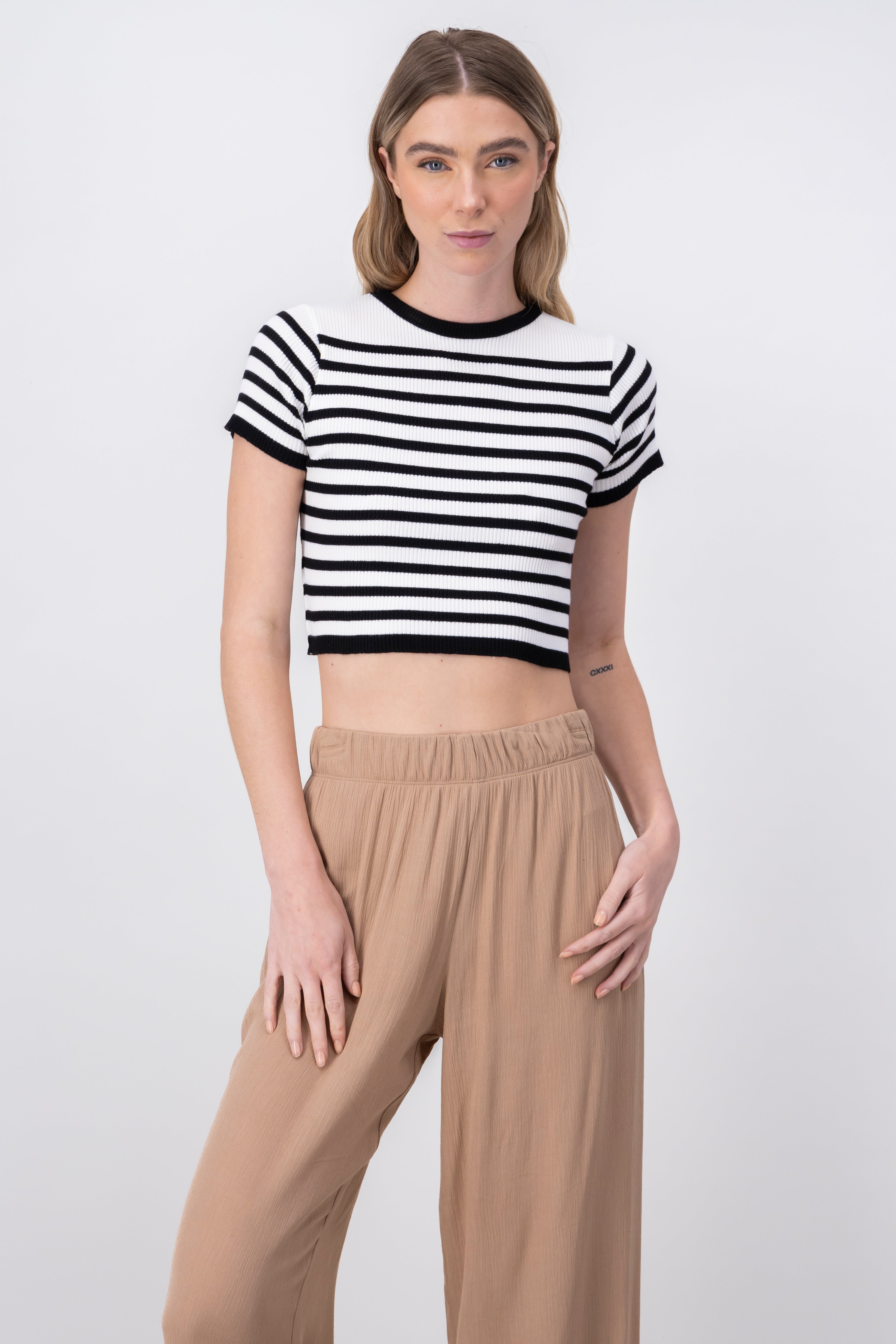 Short Sleeve StripedPattern Crop Top WHITE COMBO