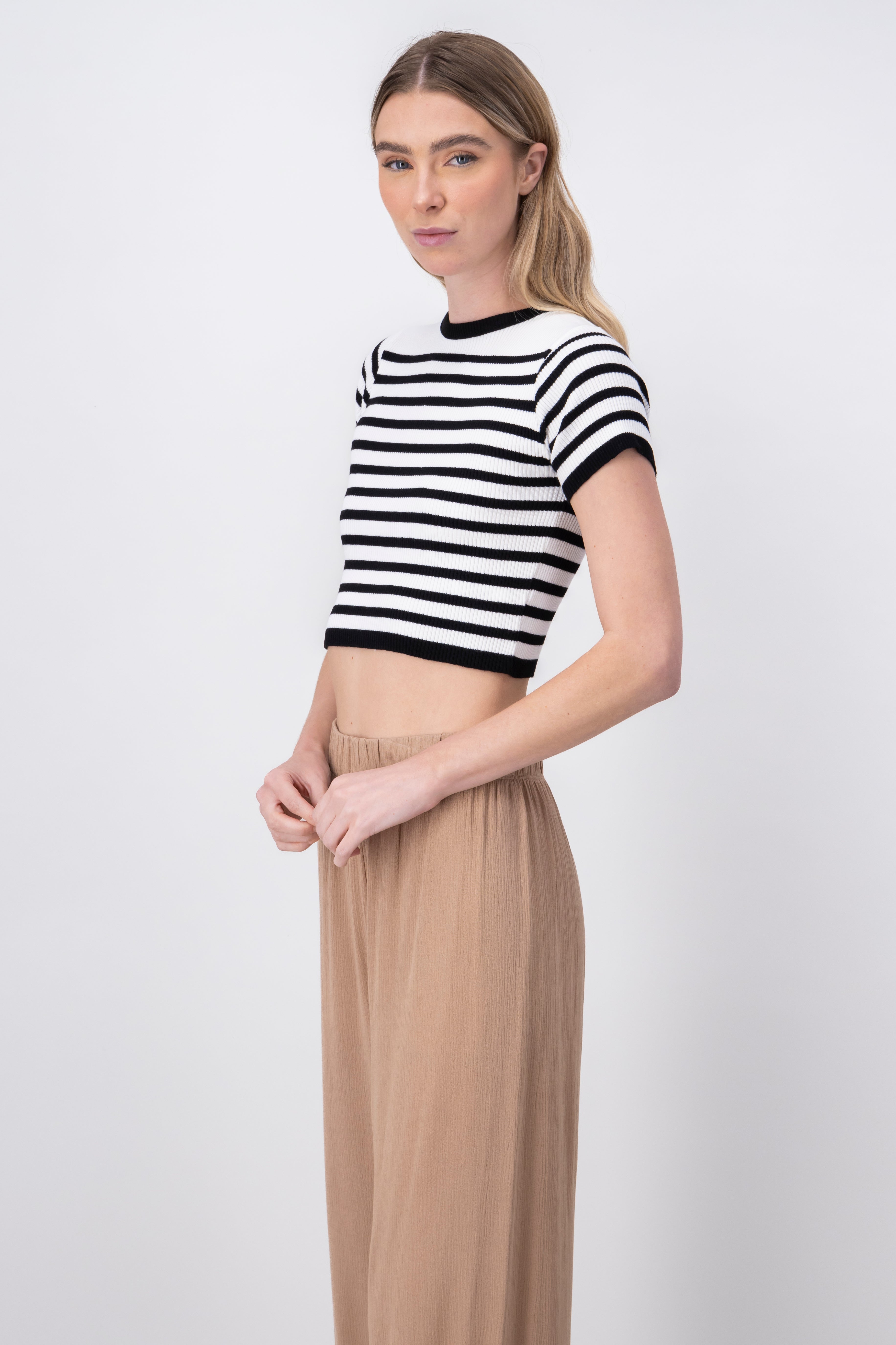 Short Sleeve StripedPattern Crop Top WHITE COMBO