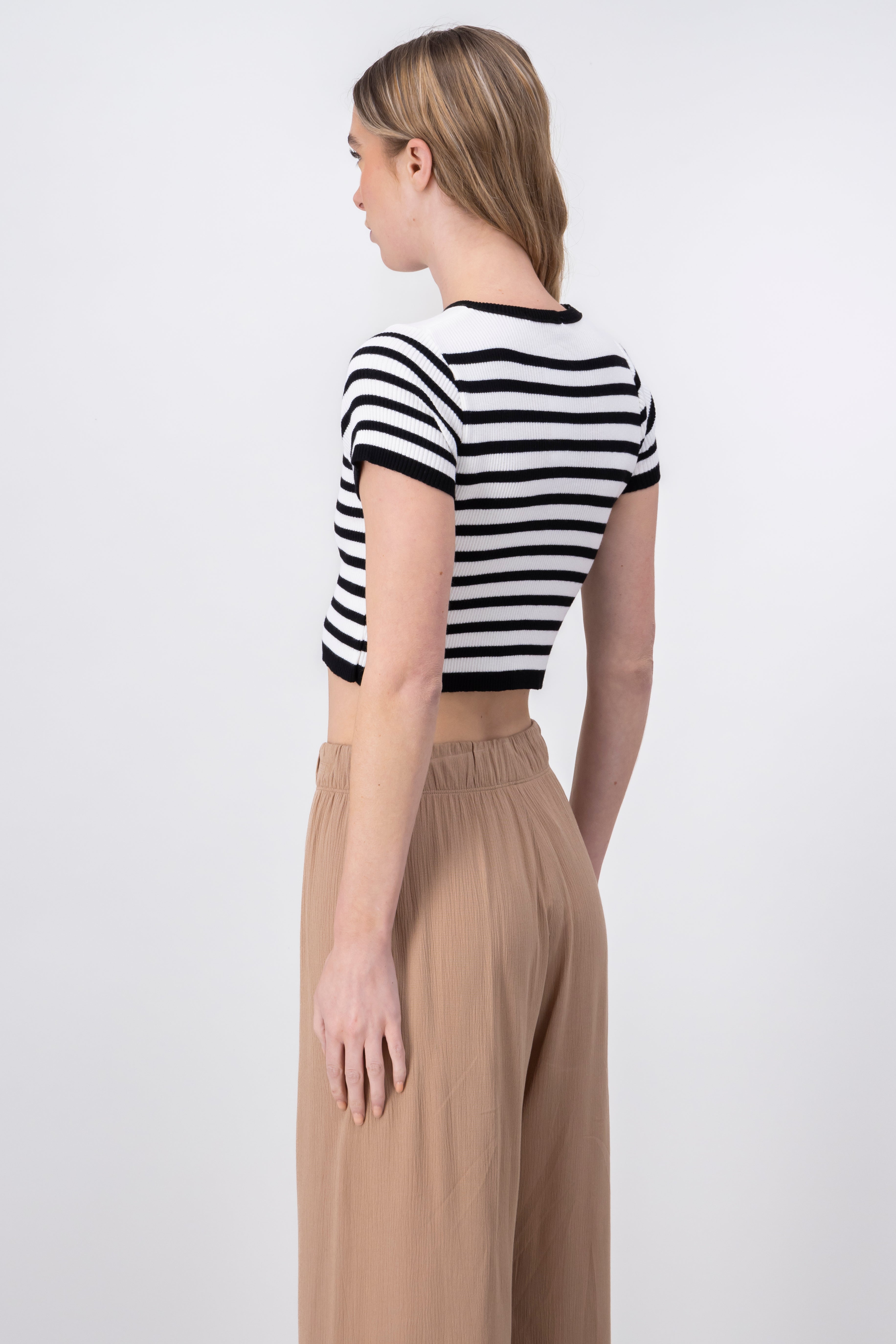 Short Sleeve StripedPattern Crop Top WHITE COMBO