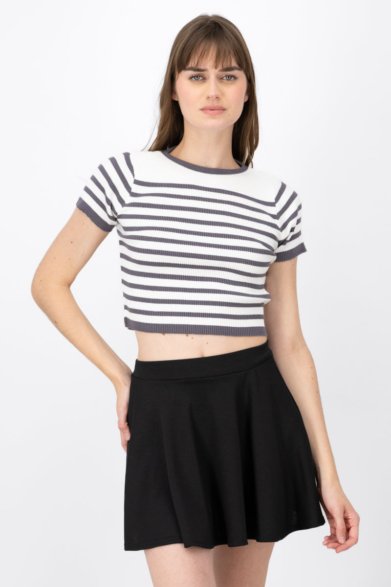 Short Sleeve StripedPattern Crop Top GRAY COMBO