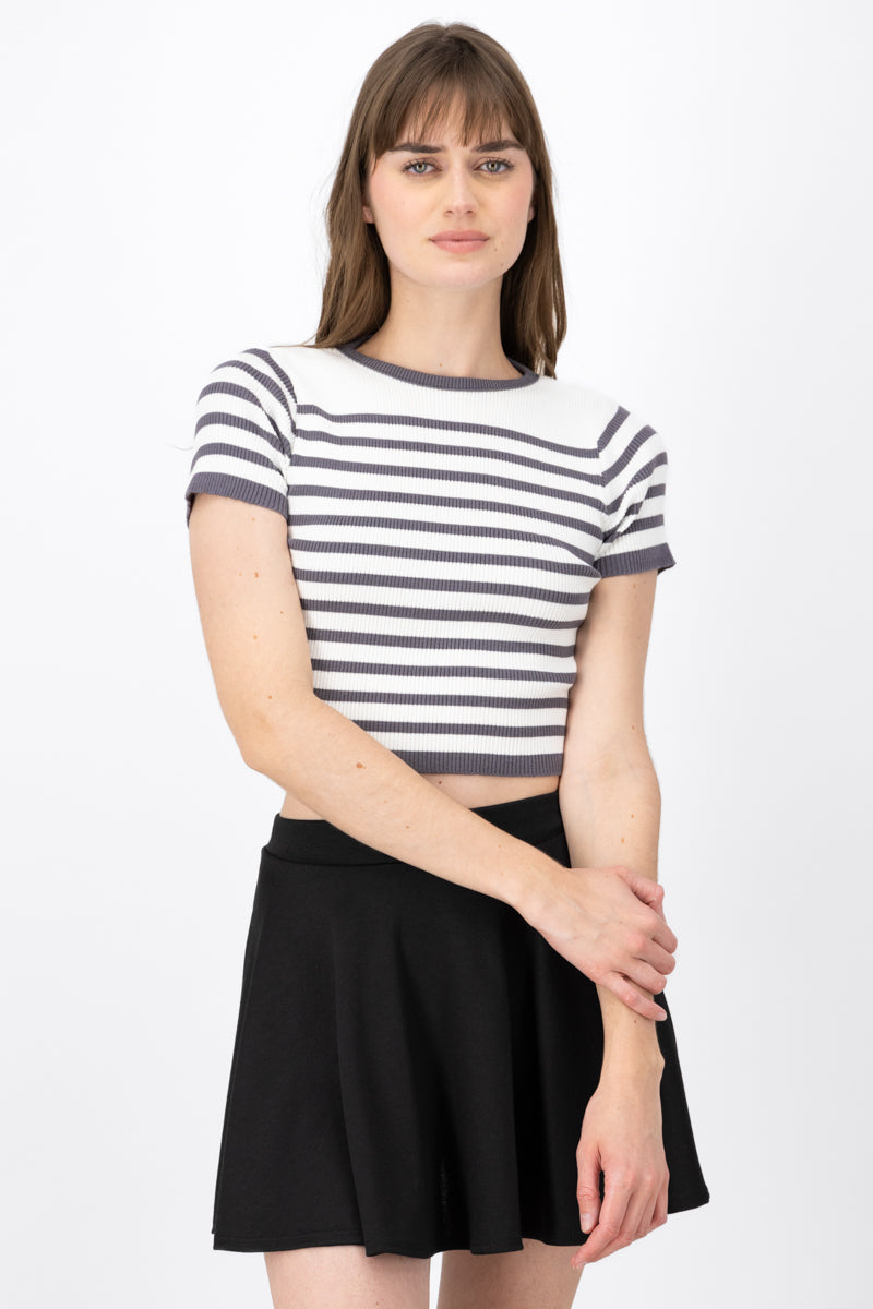 Short Sleeve StripedPattern Crop Top GRAY COMBO