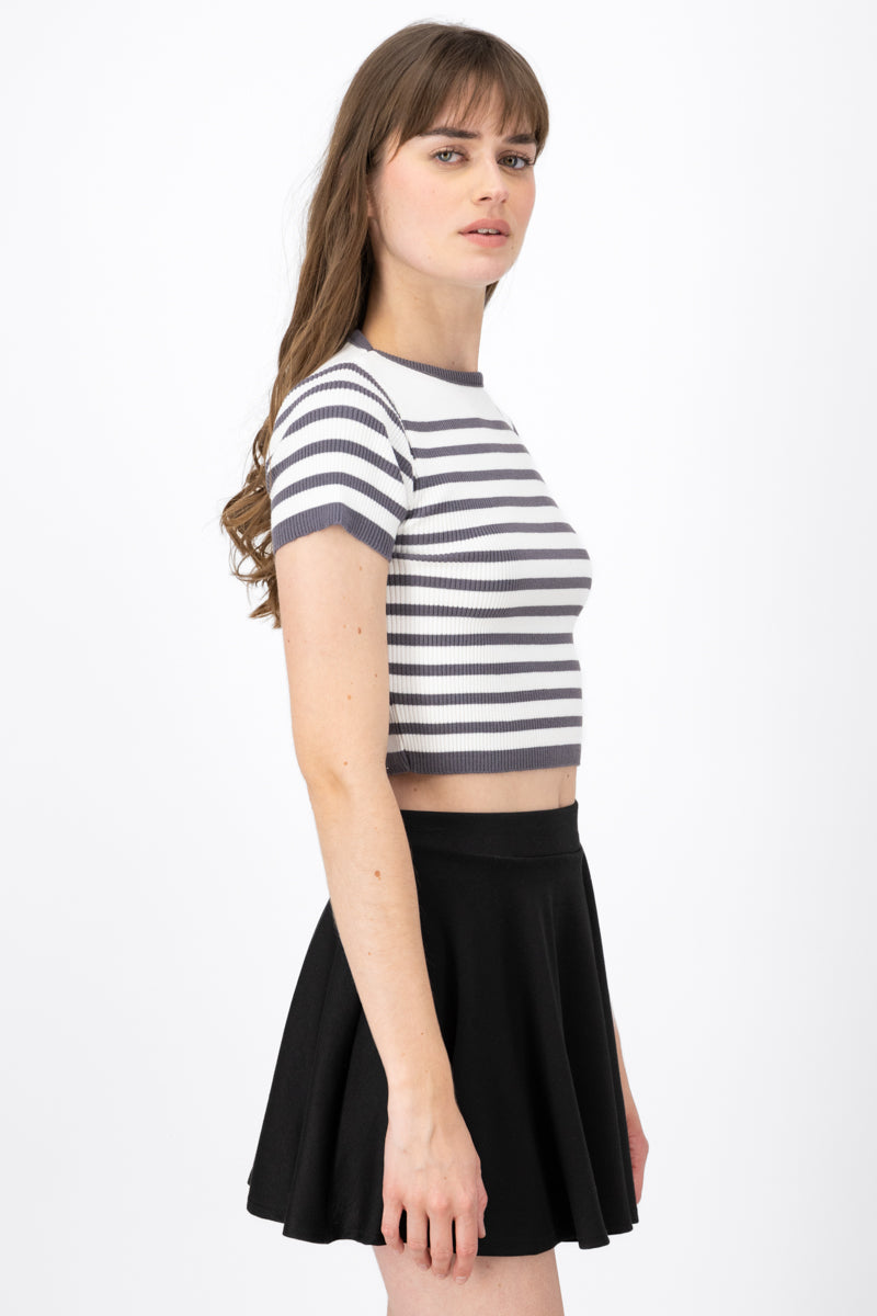 Short Sleeve StripedPattern Crop Top GRAY COMBO