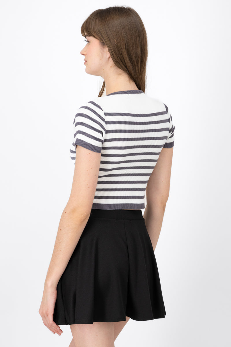 Short Sleeve StripedPattern Crop Top GRAY COMBO