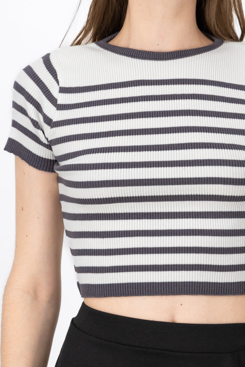 Short Sleeve StripedPattern Crop Top GRAY COMBO