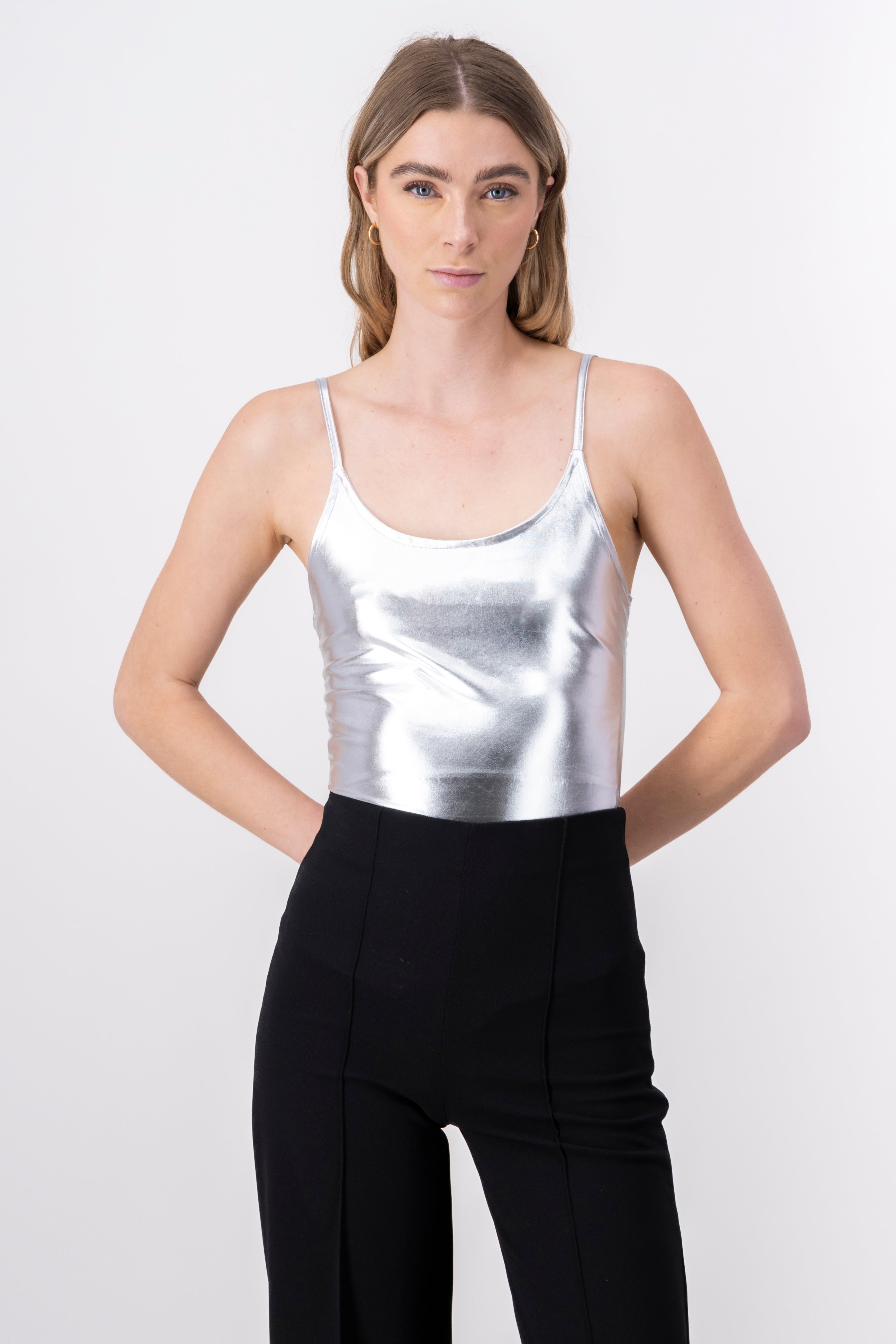 Metallic RoundNeck Bodysuit With Straps SILVER