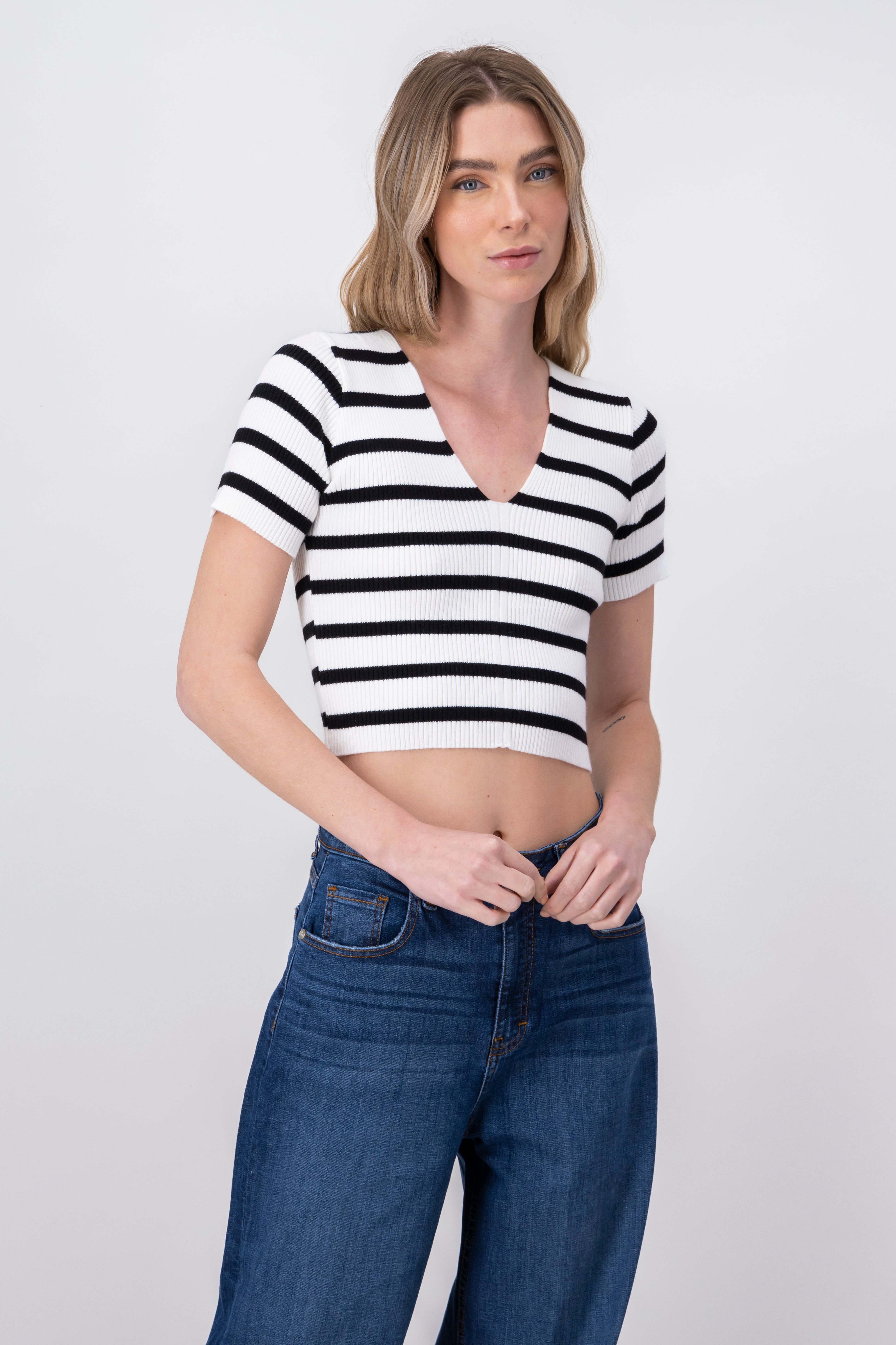 Short Sleeve Striped VNeck Top WHITE COMBO