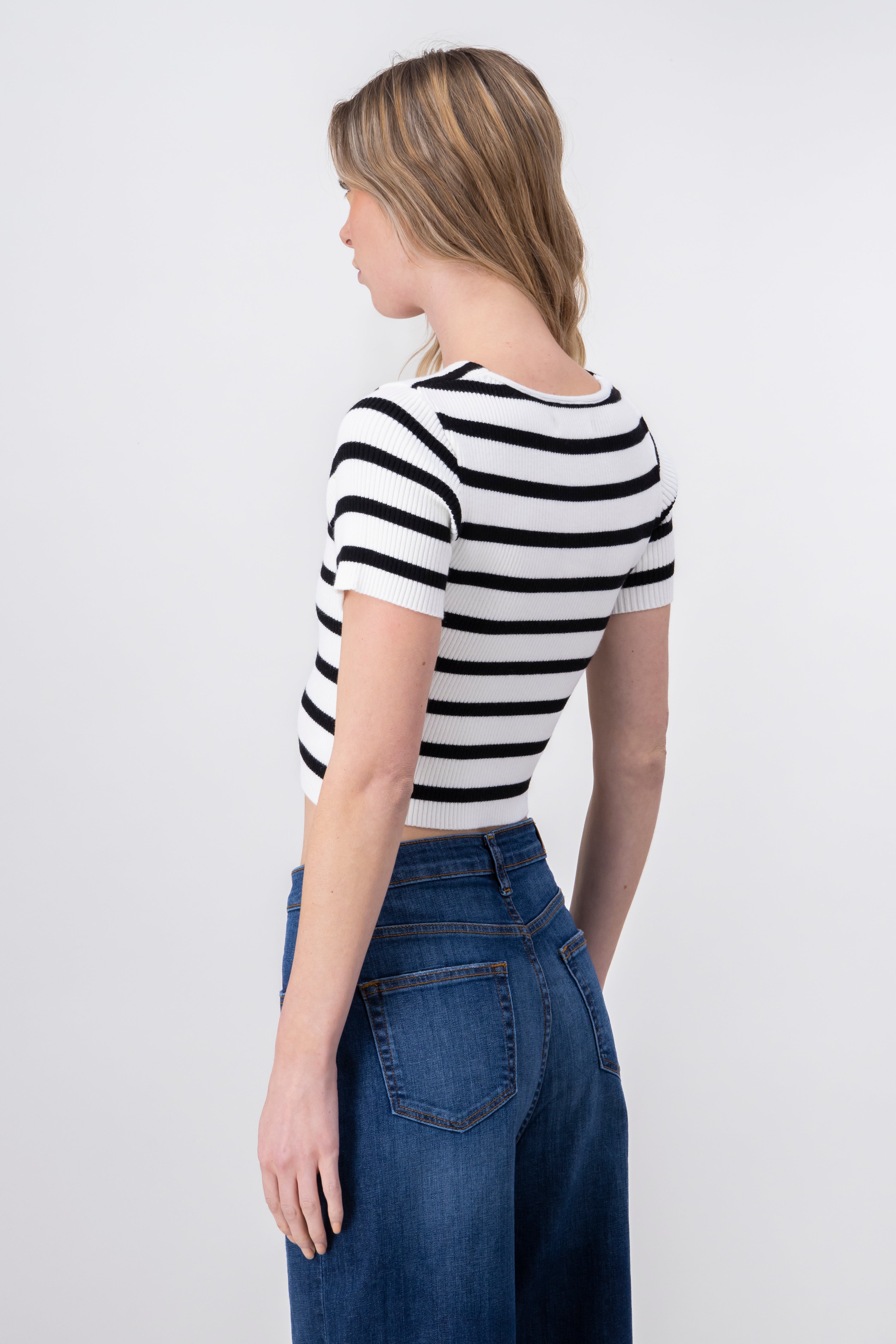 Short Sleeve Striped VNeck Top WHITE COMBO