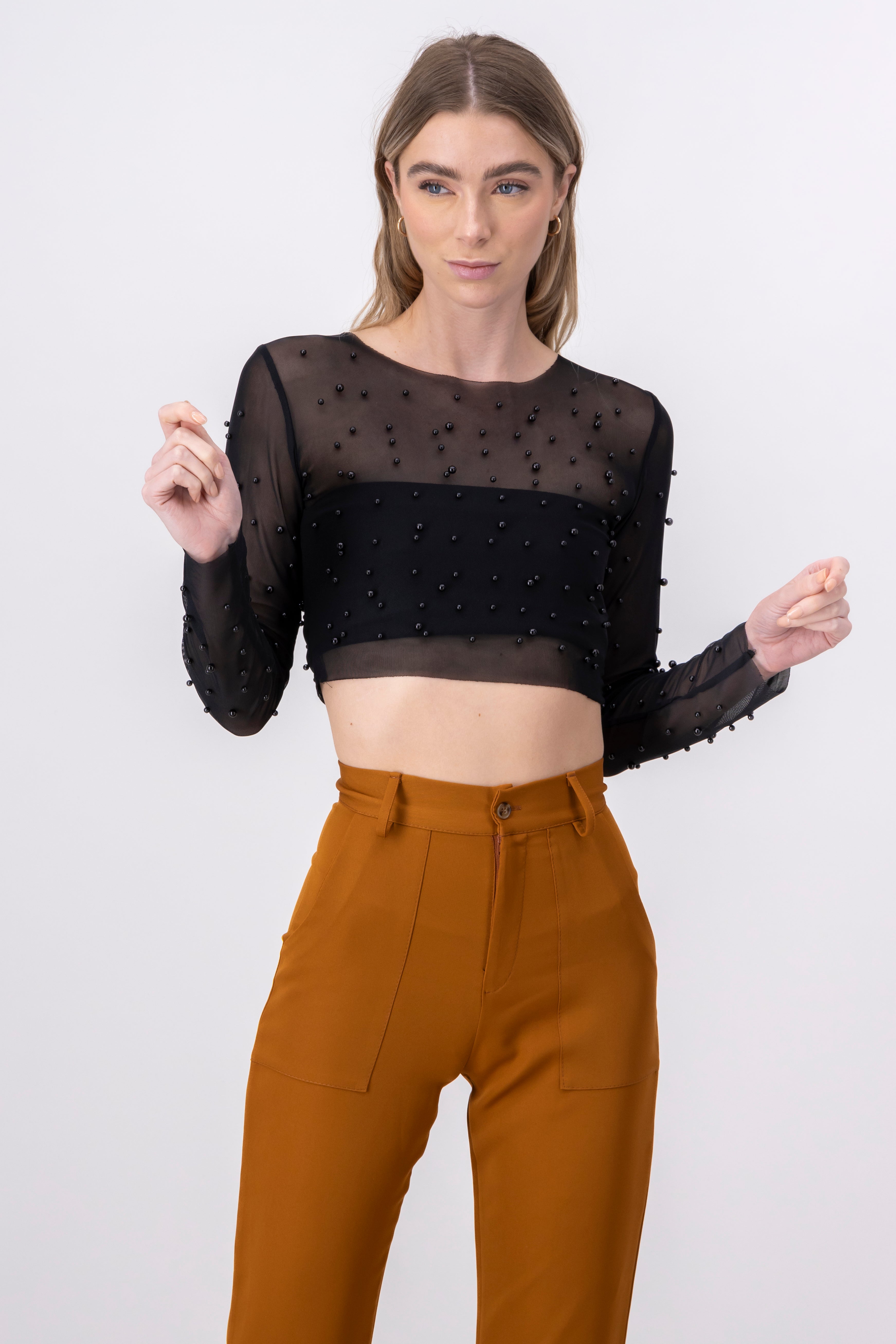 Long Sleeve Pearl Mesh Crop Top BLACK