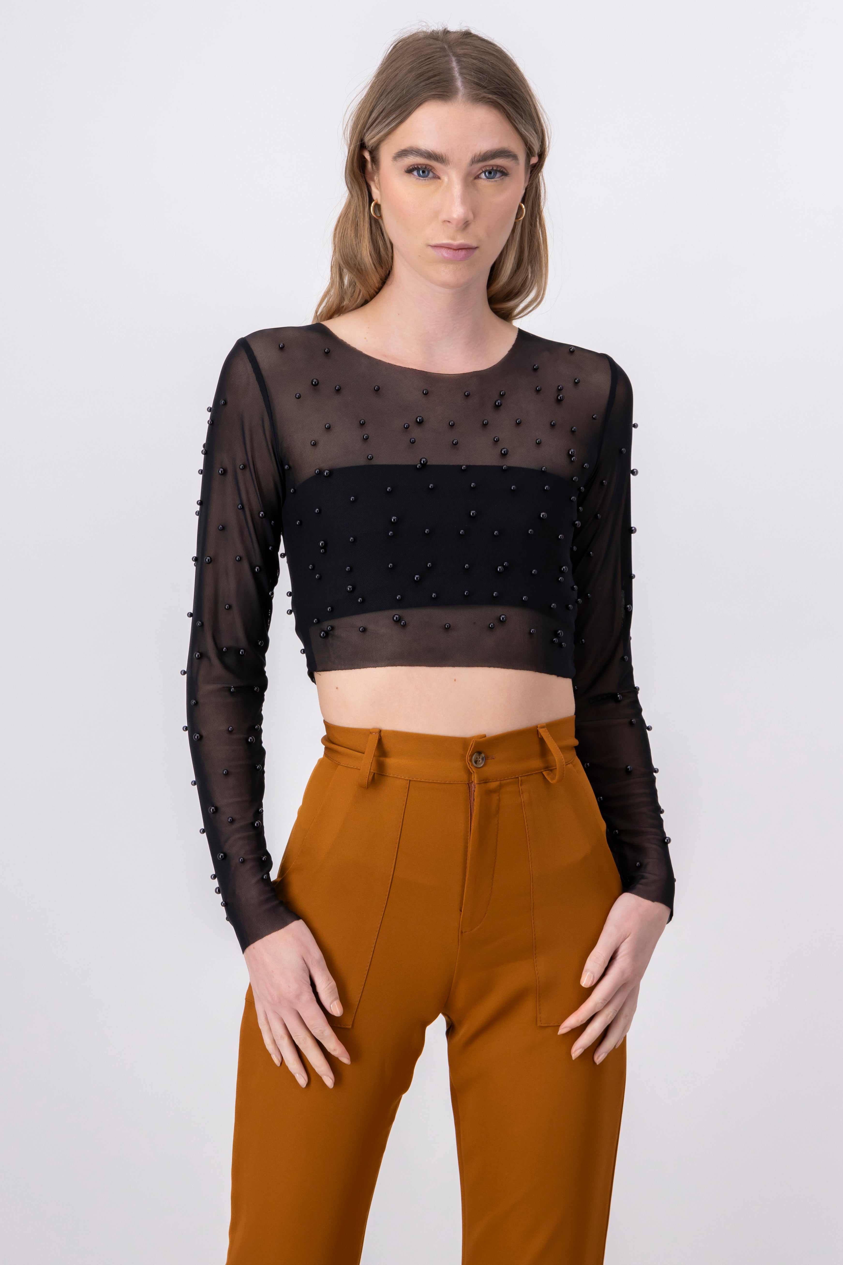 Long Sleeve Pearl Mesh Crop Top BLACK