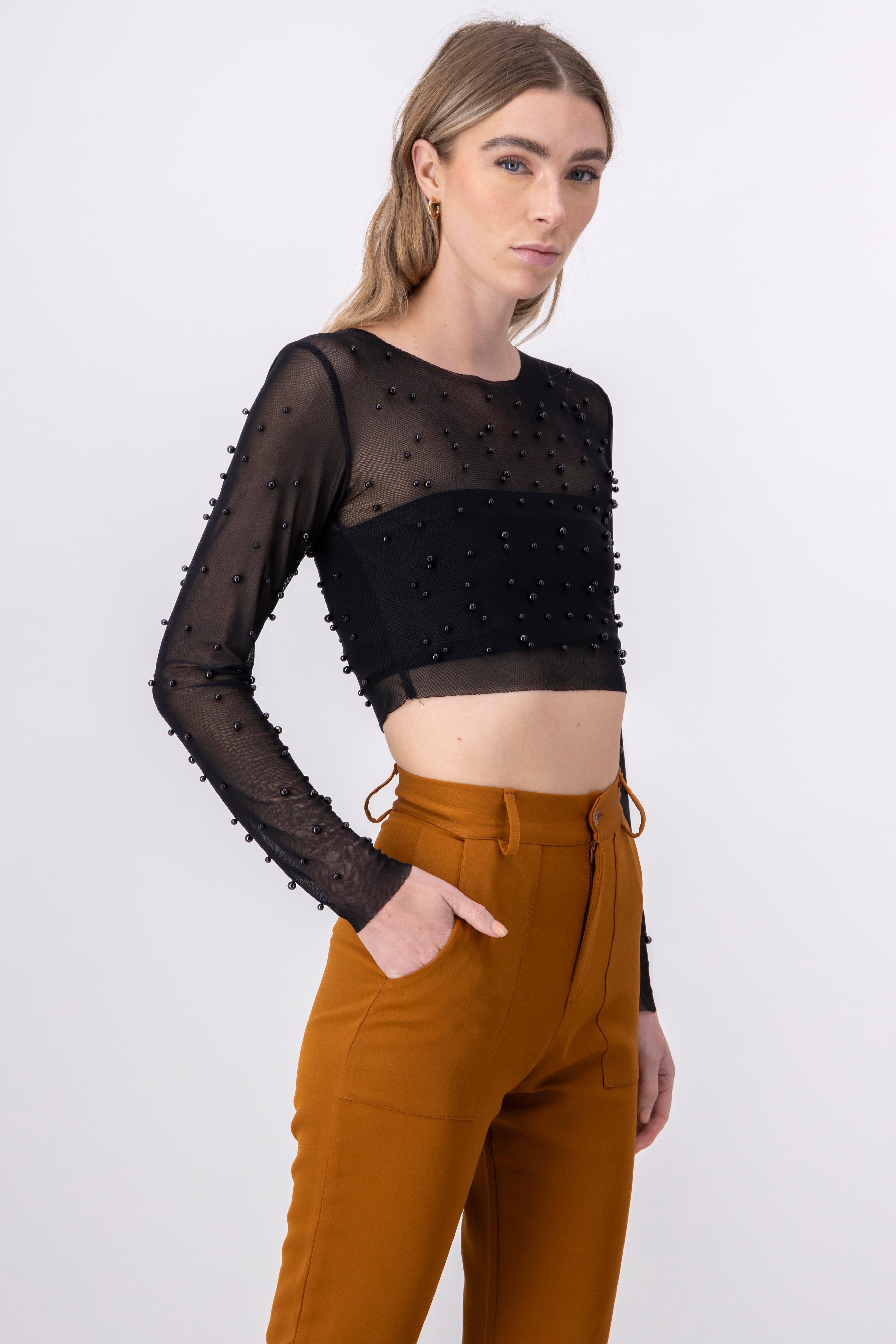 Long Sleeve Pearl Mesh Crop Top BLACK