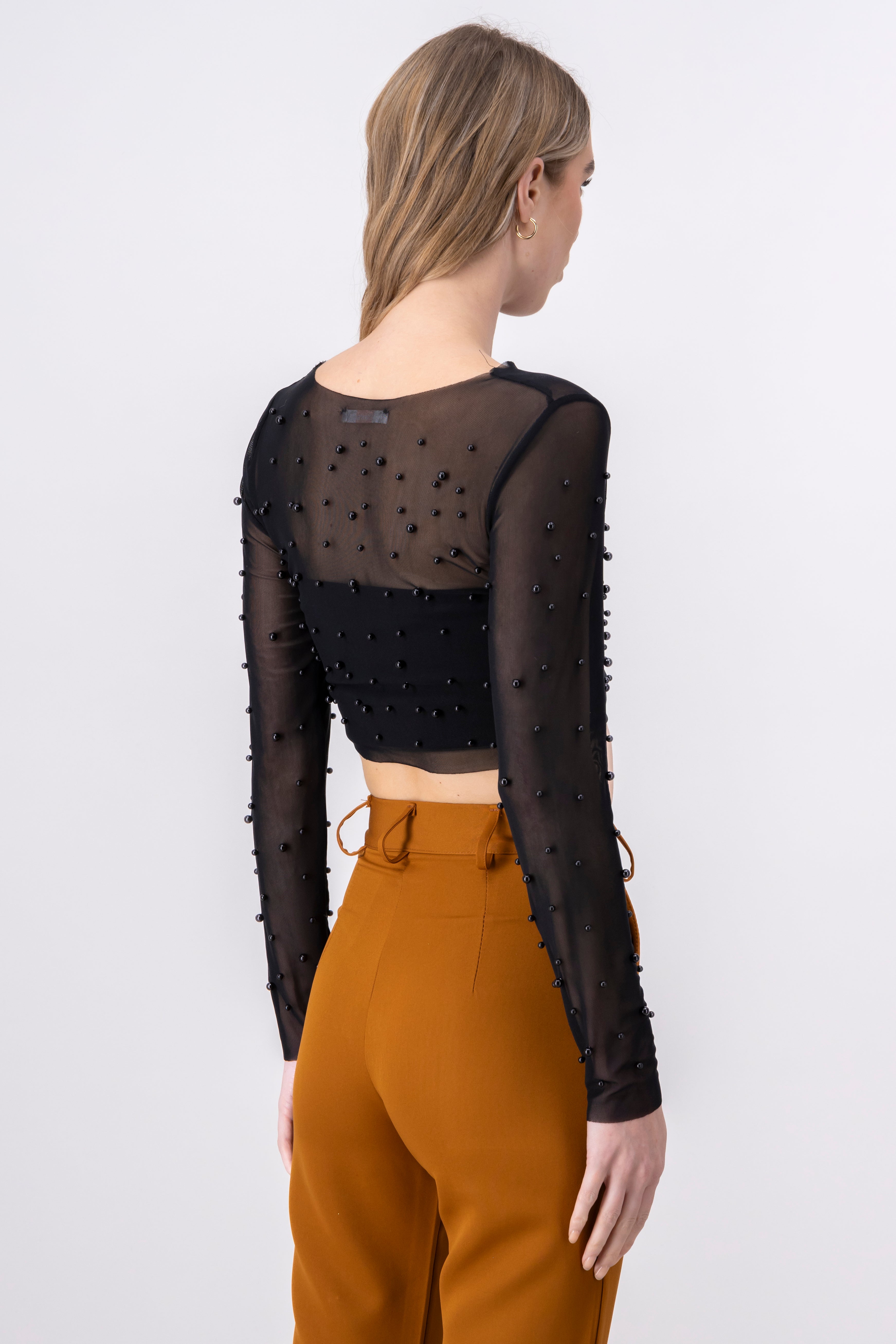 Long Sleeve Pearl Mesh Crop Top BLACK