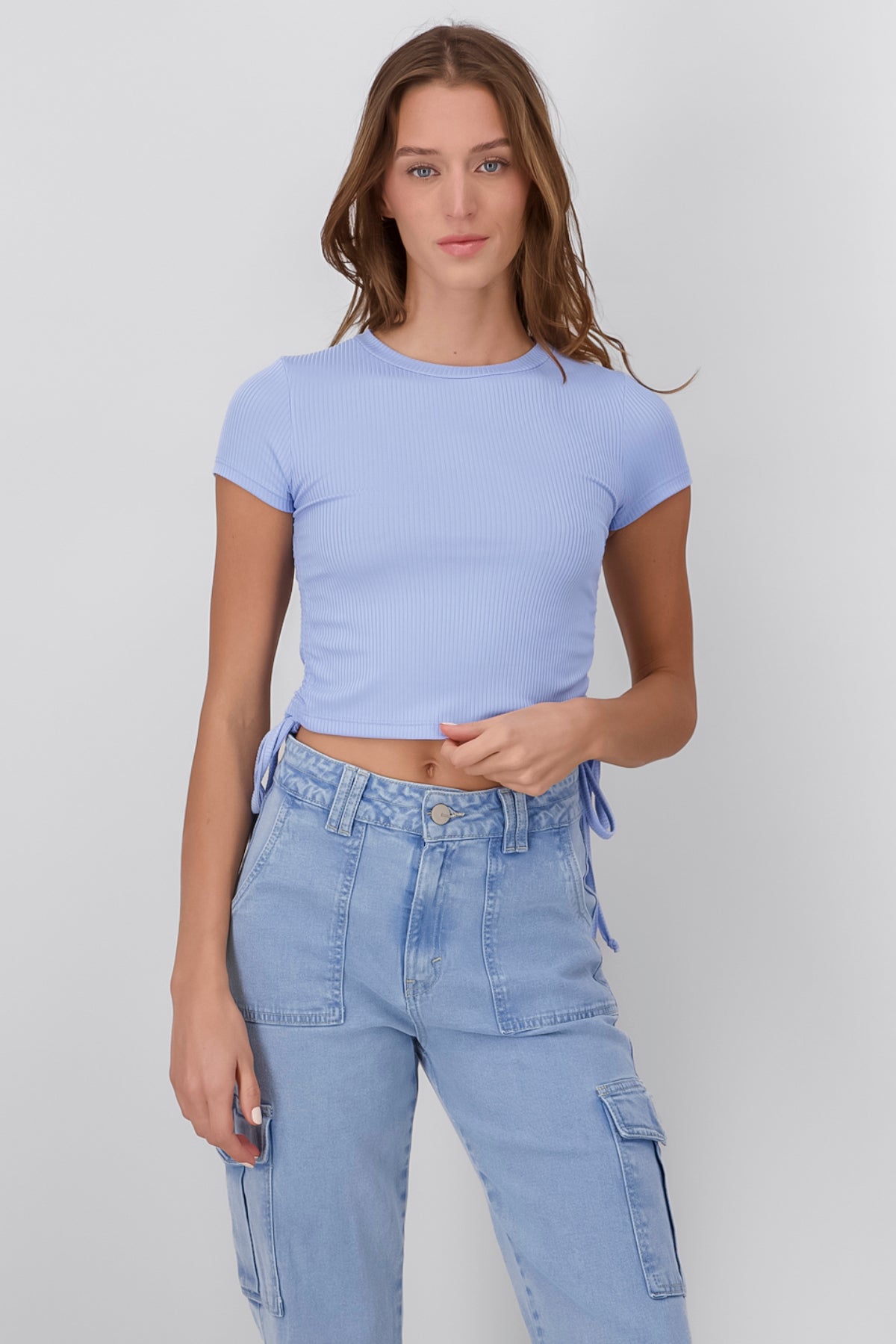 Short Sleeve Ribbon Side Shirring Top SKY BLUE