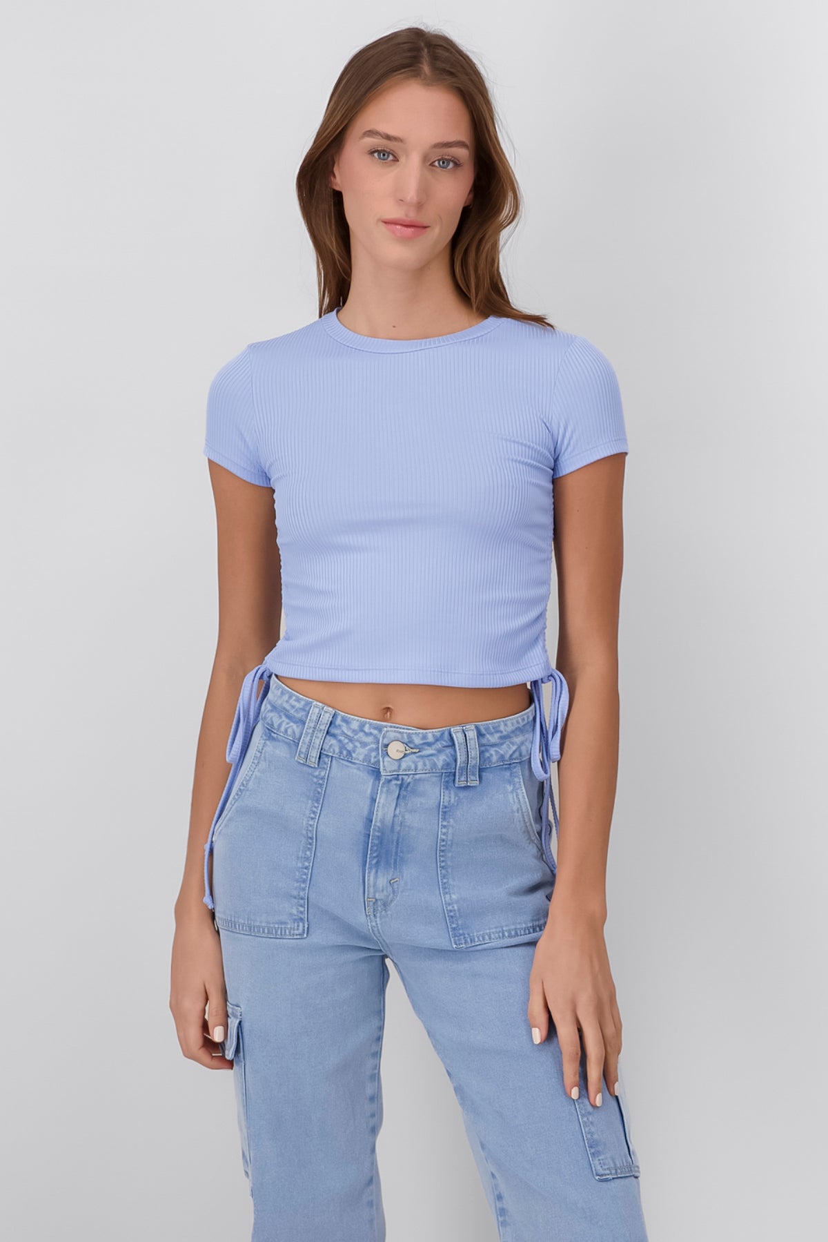 Short Sleeve Ribbon Side Shirring Top SKY BLUE