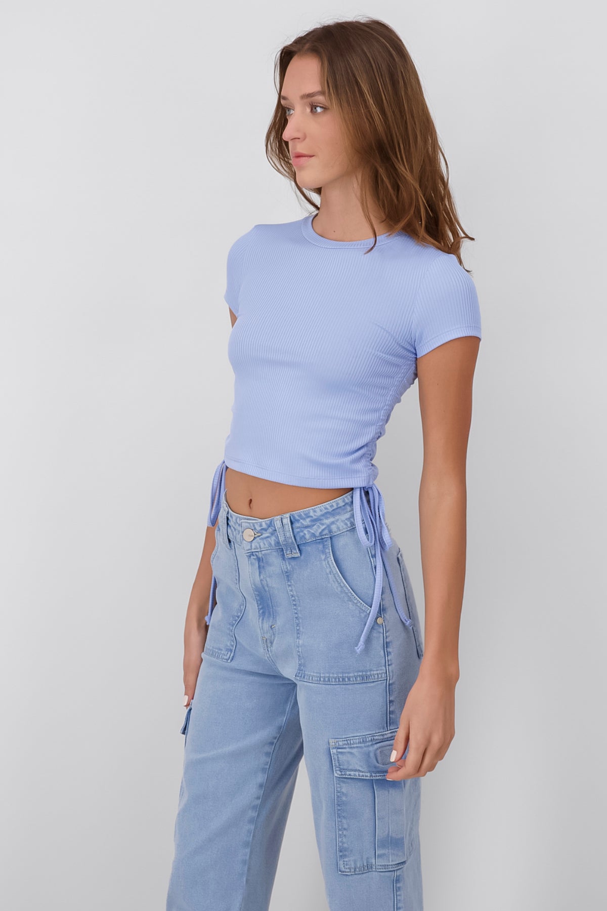 Short Sleeve Ribbon Side Shirring Top SKY BLUE