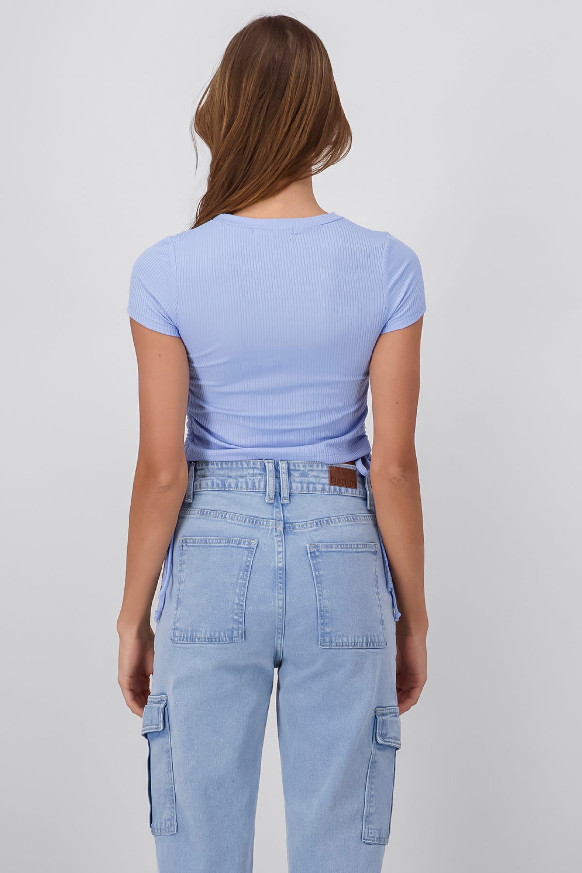 Short Sleeve Ribbon Side Shirring Top SKY BLUE