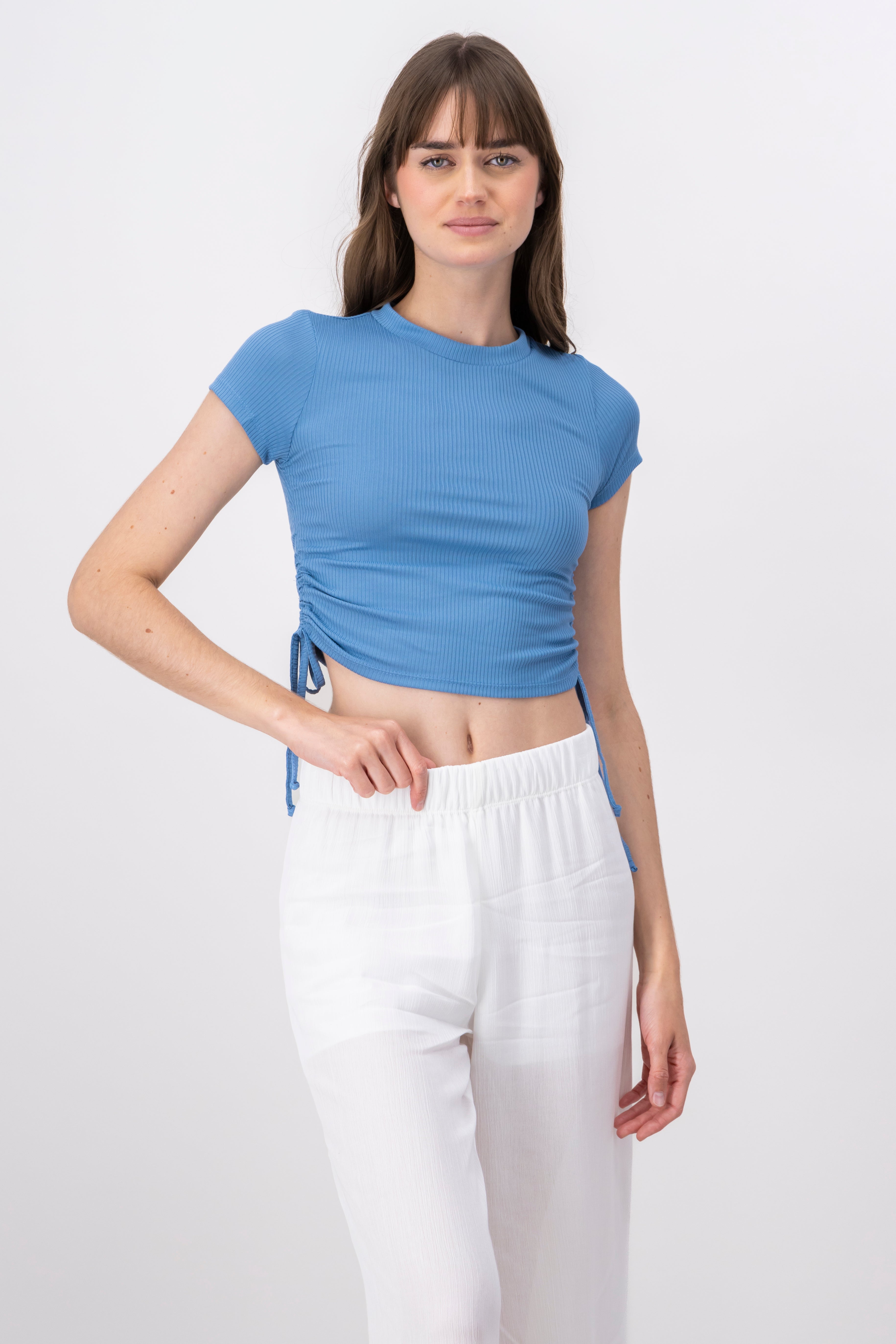 Short Sleeve Ribbon Side Shirring Top INDIGO