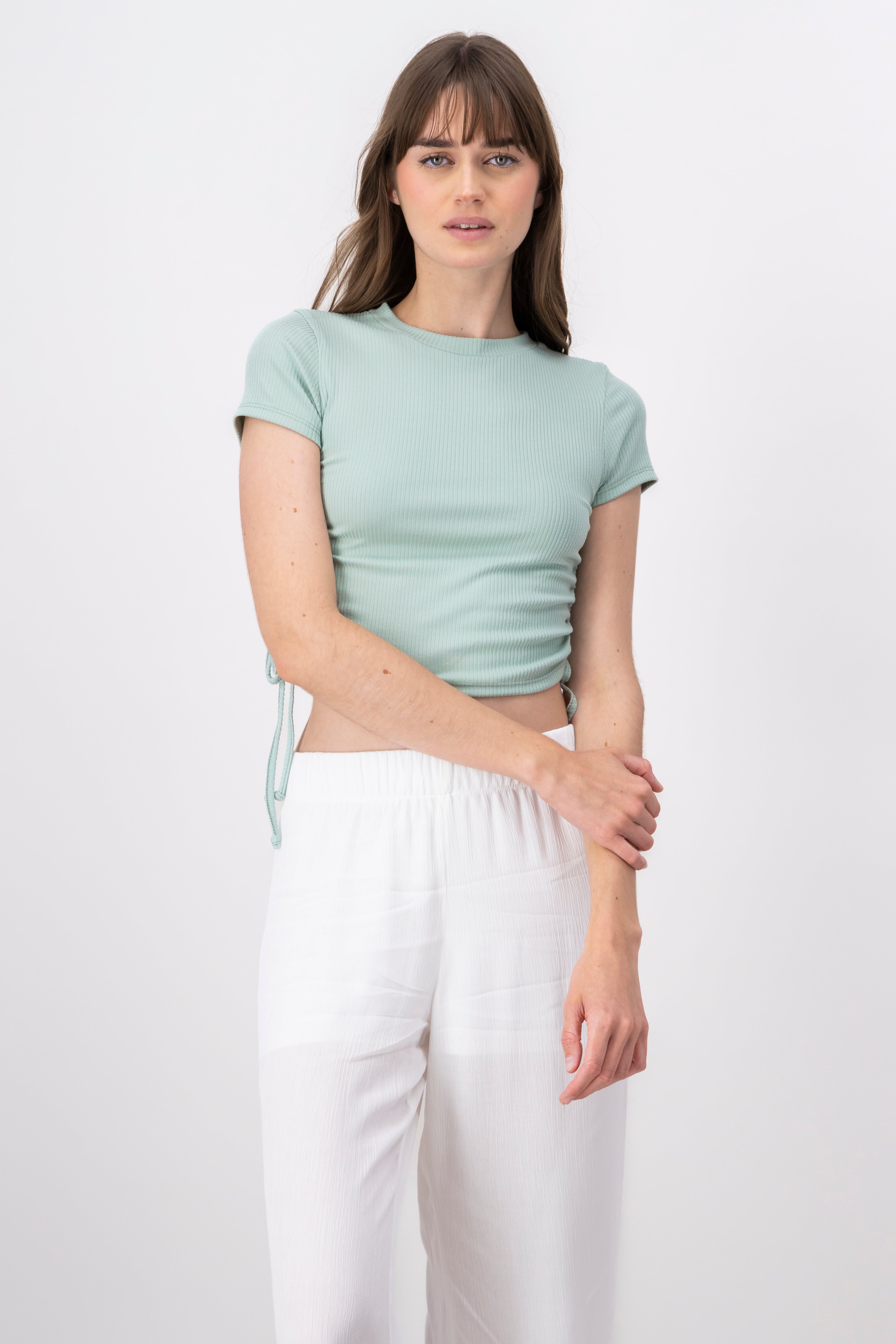 Short Sleeve Ribbon Side Shirring Top SAGE