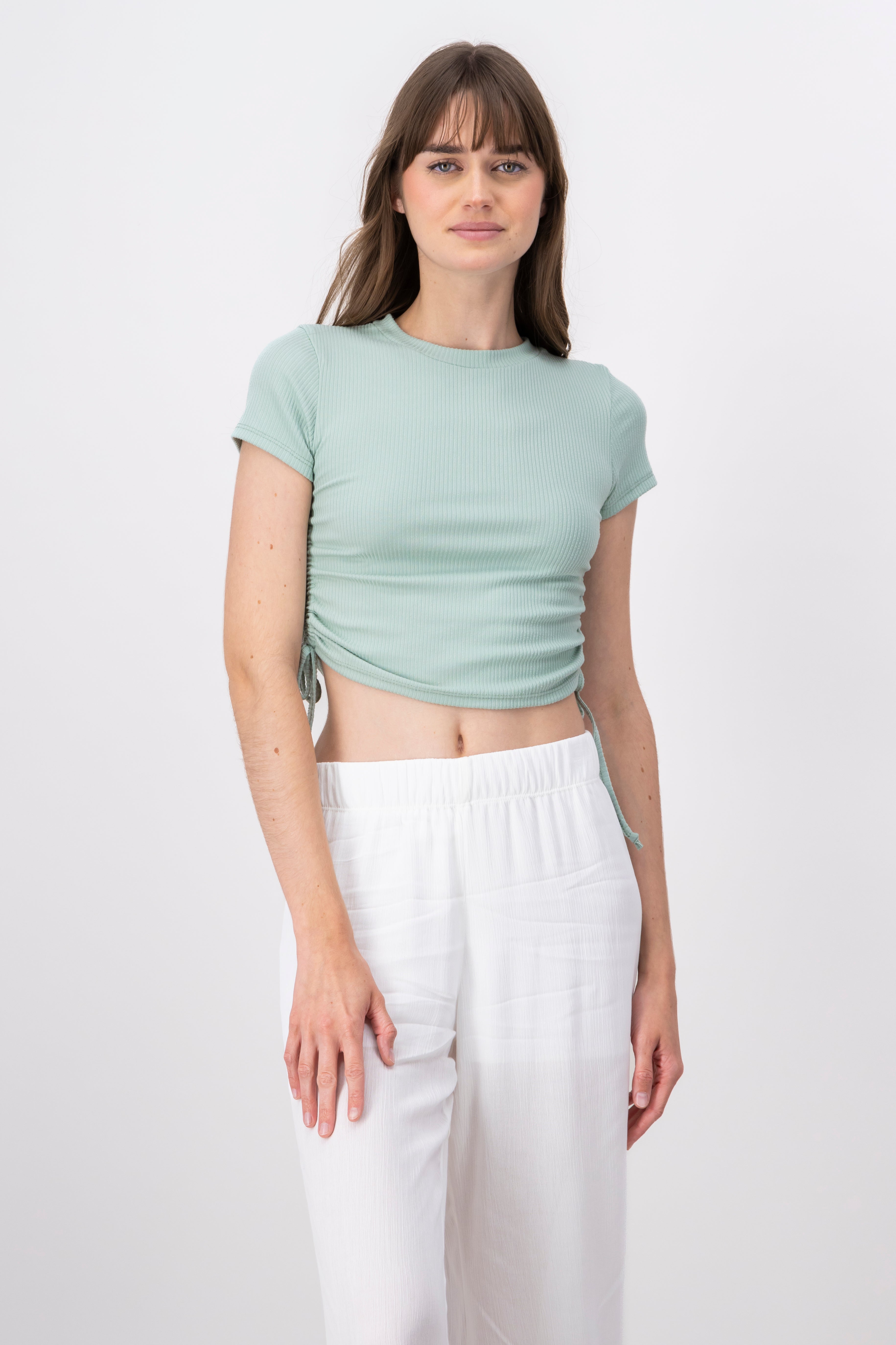 Short Sleeve Ribbon Side Shirring Top SAGE