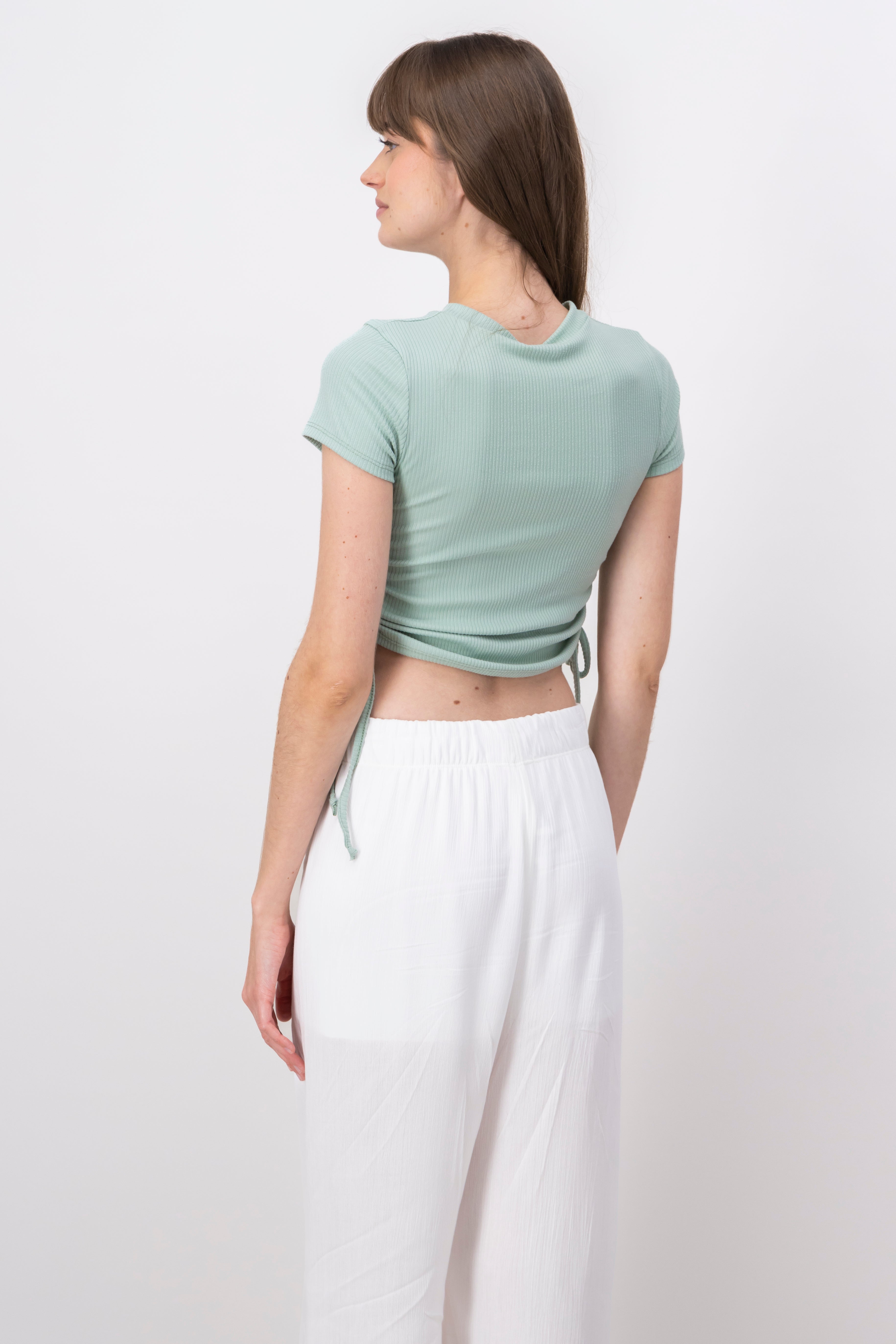 Short Sleeve Ribbon Side Shirring Top SAGE