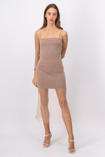 Long Sleeve Maxi Pearl Mesh Dress NUDE