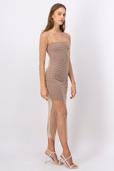 Long Sleeve Maxi Pearl Mesh Dress NUDE