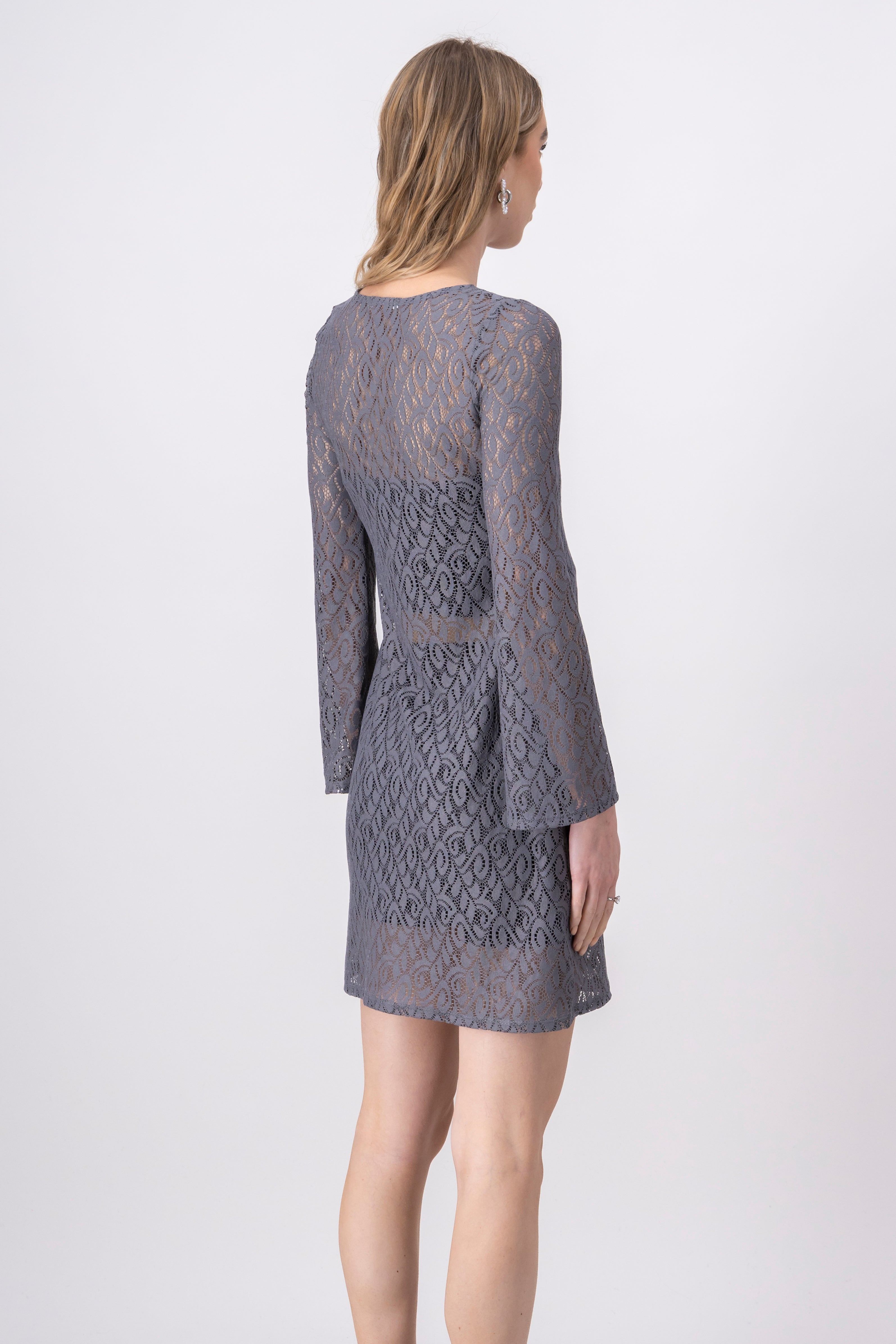 Long Sleeve Lace Mesh Mini Dress LIGHT GRAY