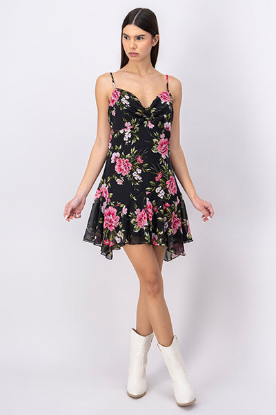 Floral Sweetheart Mini Layered Dress With Straps BLACK COMBO