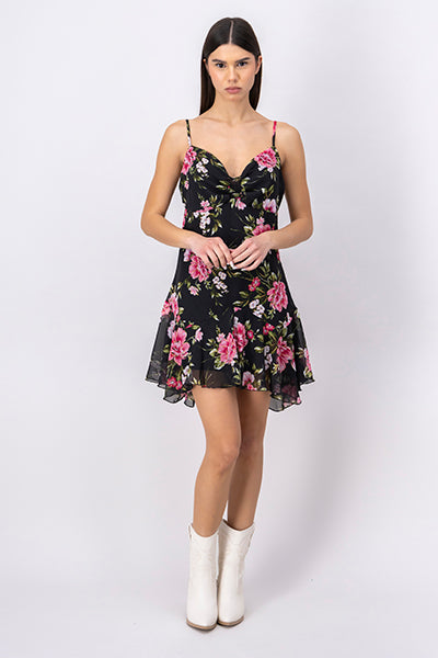 Floral Sweetheart Mini Layered Dress With Straps BLACK COMBO