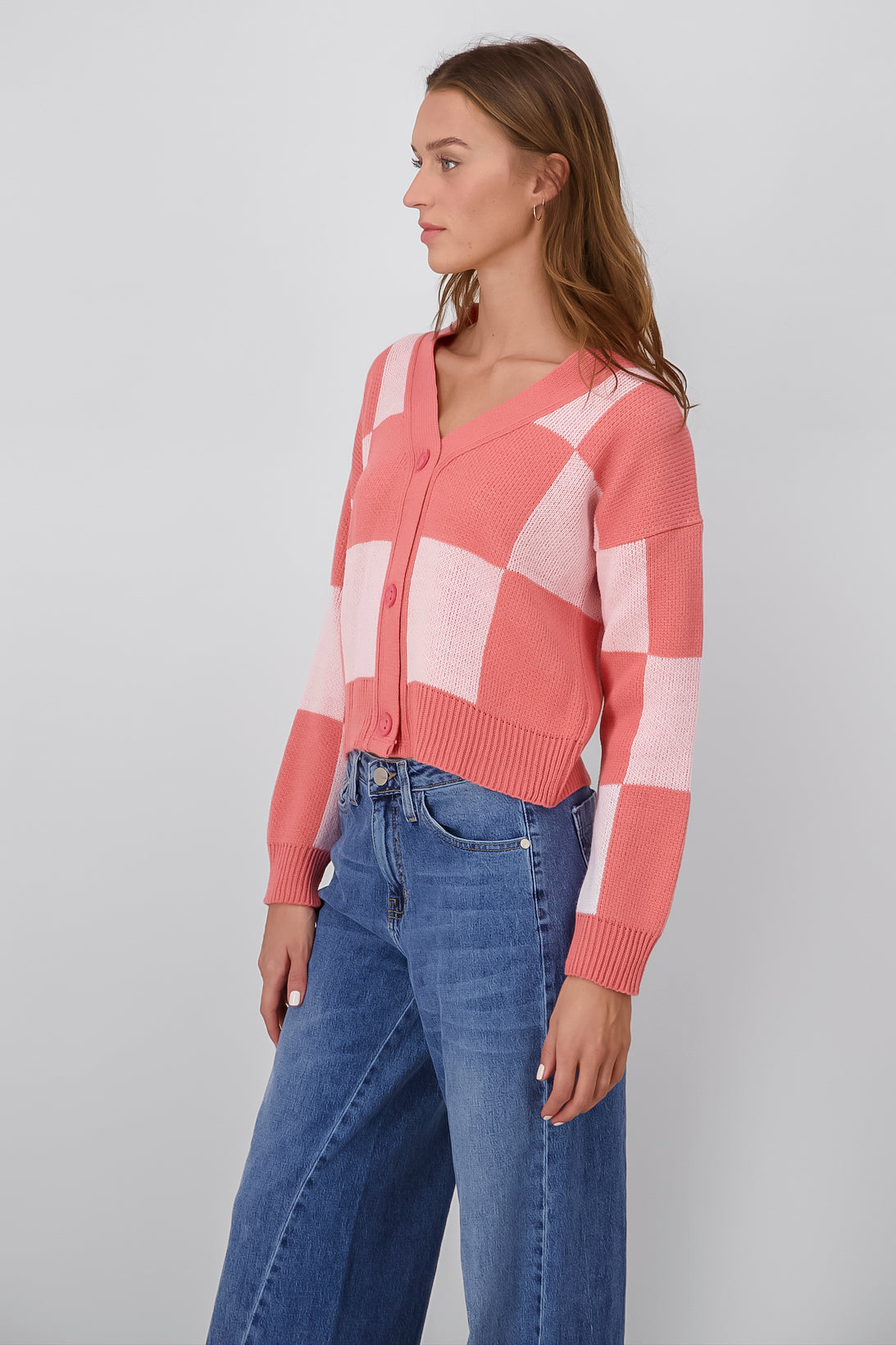 Checkered Woven Sweater PASTEL PINK