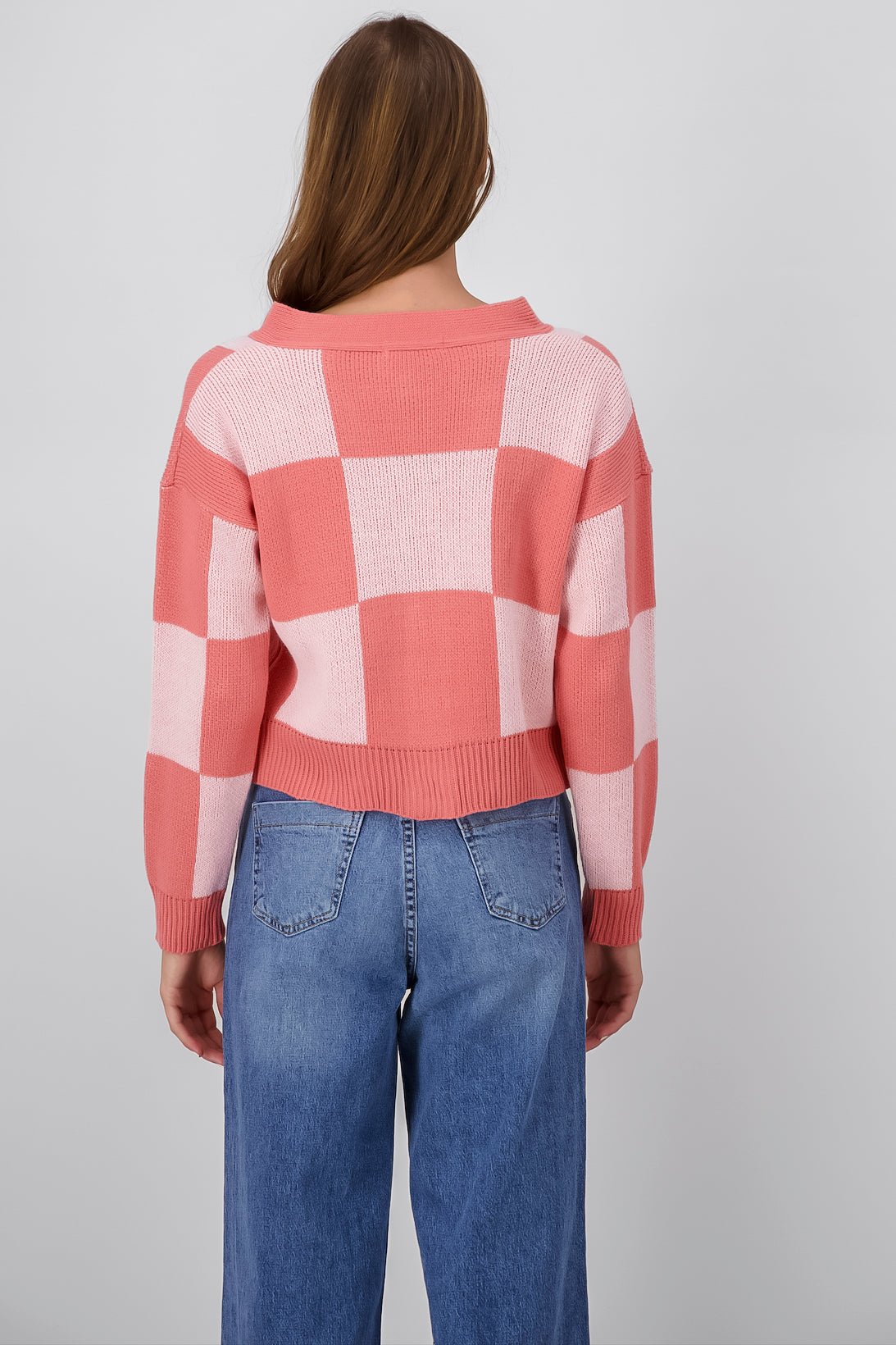 Checkered Woven Sweater PASTEL PINK