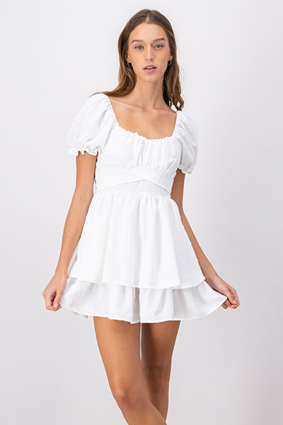 Layered Puff Sleeve Mini Dress WHITE