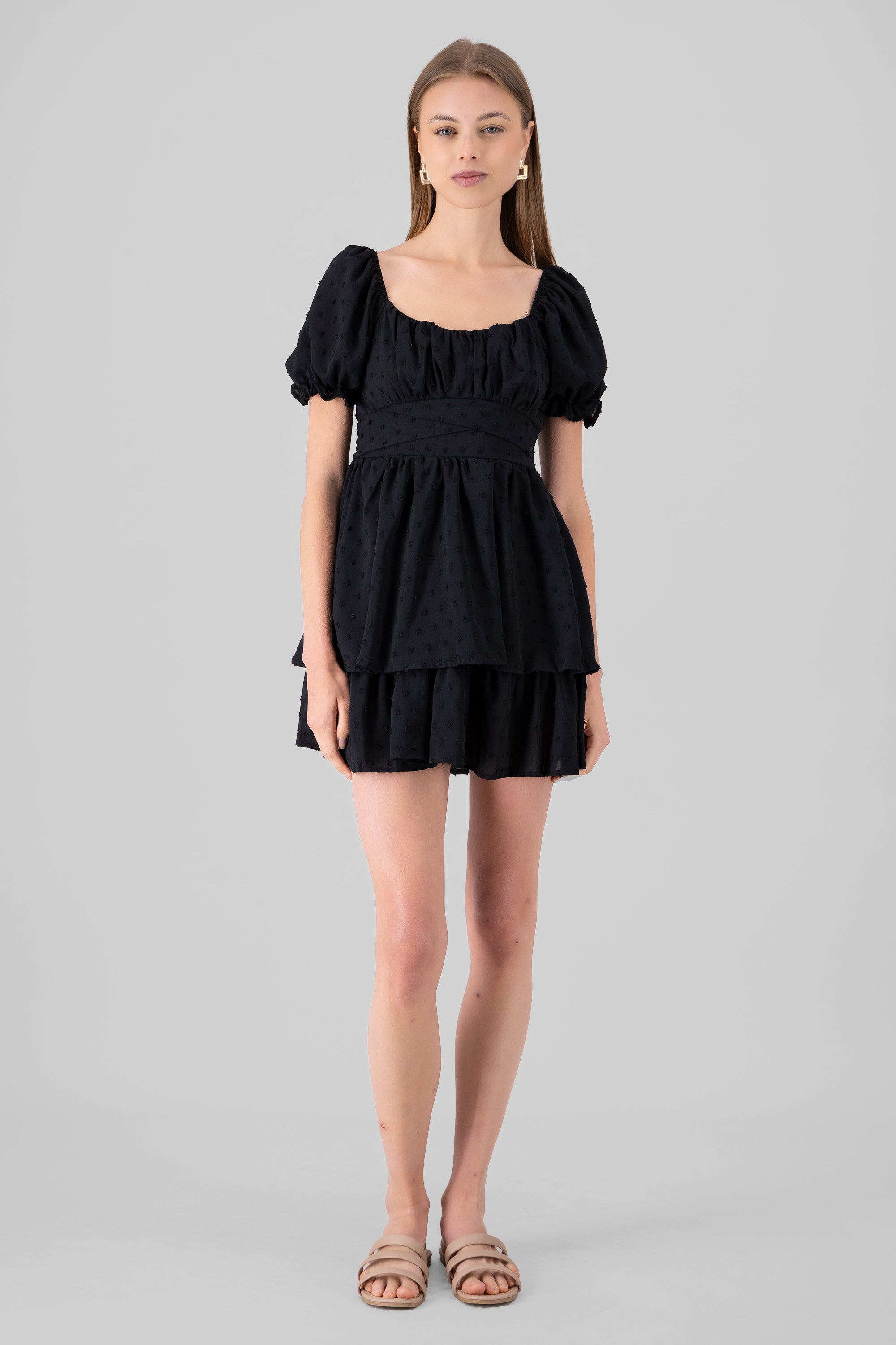 Layered Puff Sleeve Mini Dress BLACK