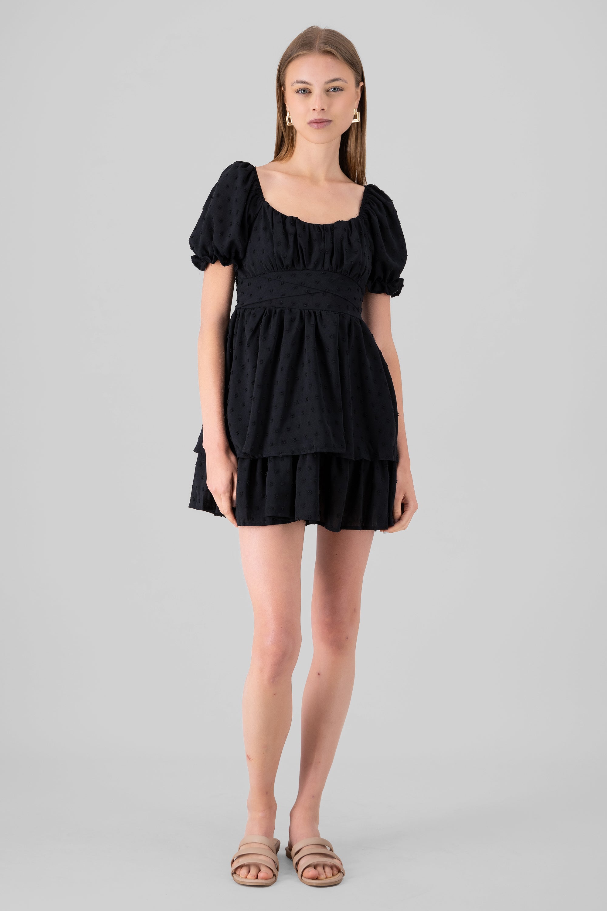 Layered Puff Sleeve Mini Dress BLACK