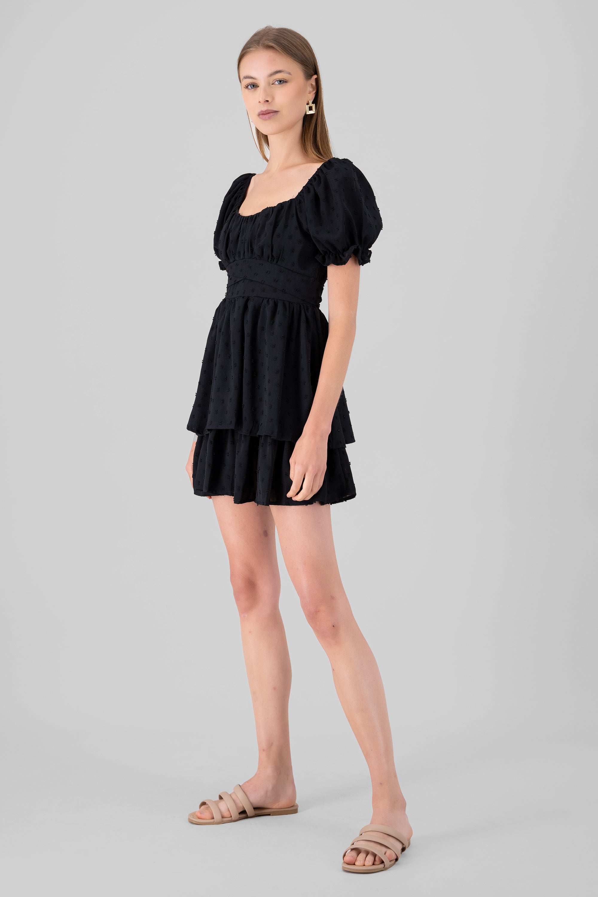 Layered Puff Sleeve Mini Dress BLACK