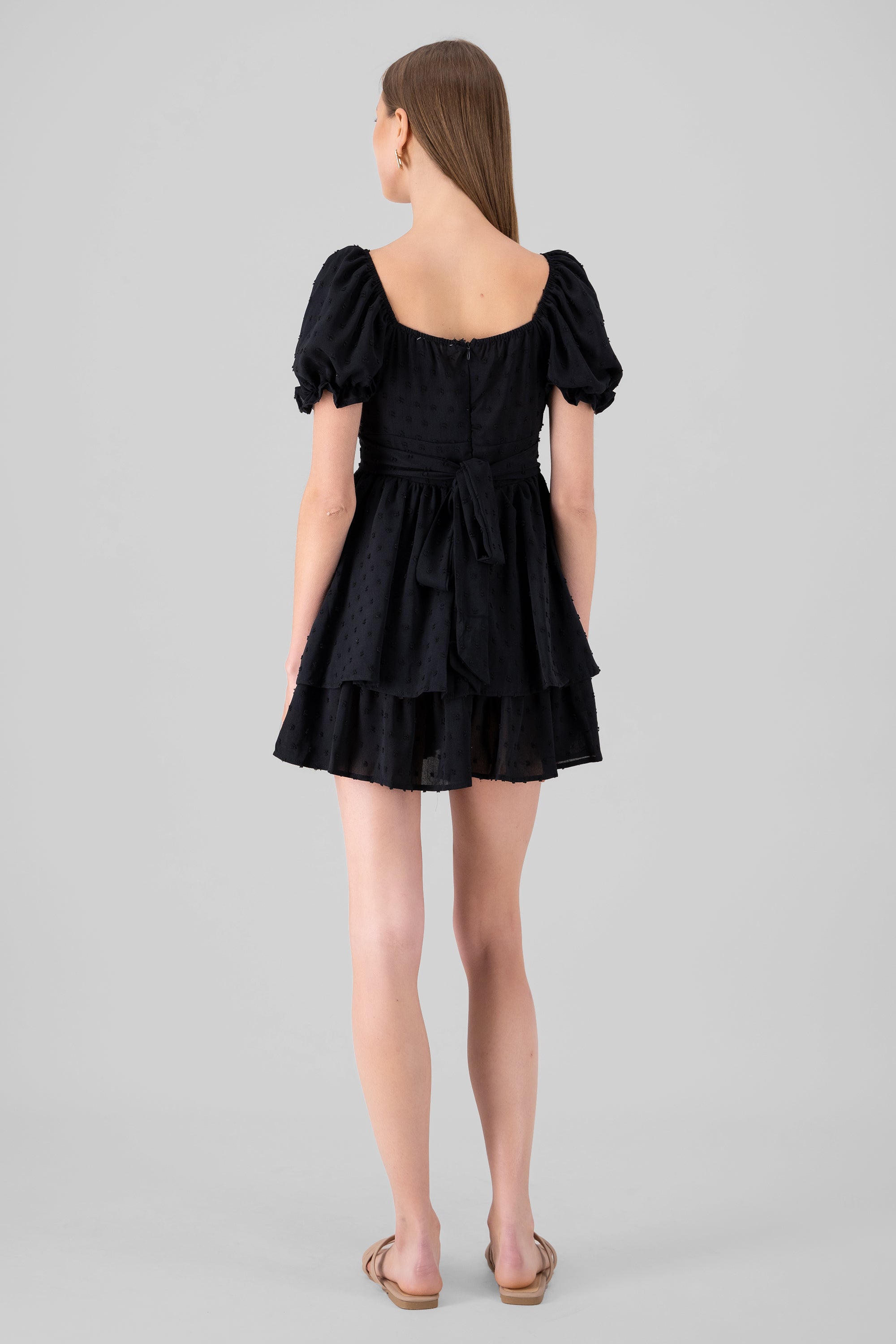 Layered Puff Sleeve Mini Dress BLACK