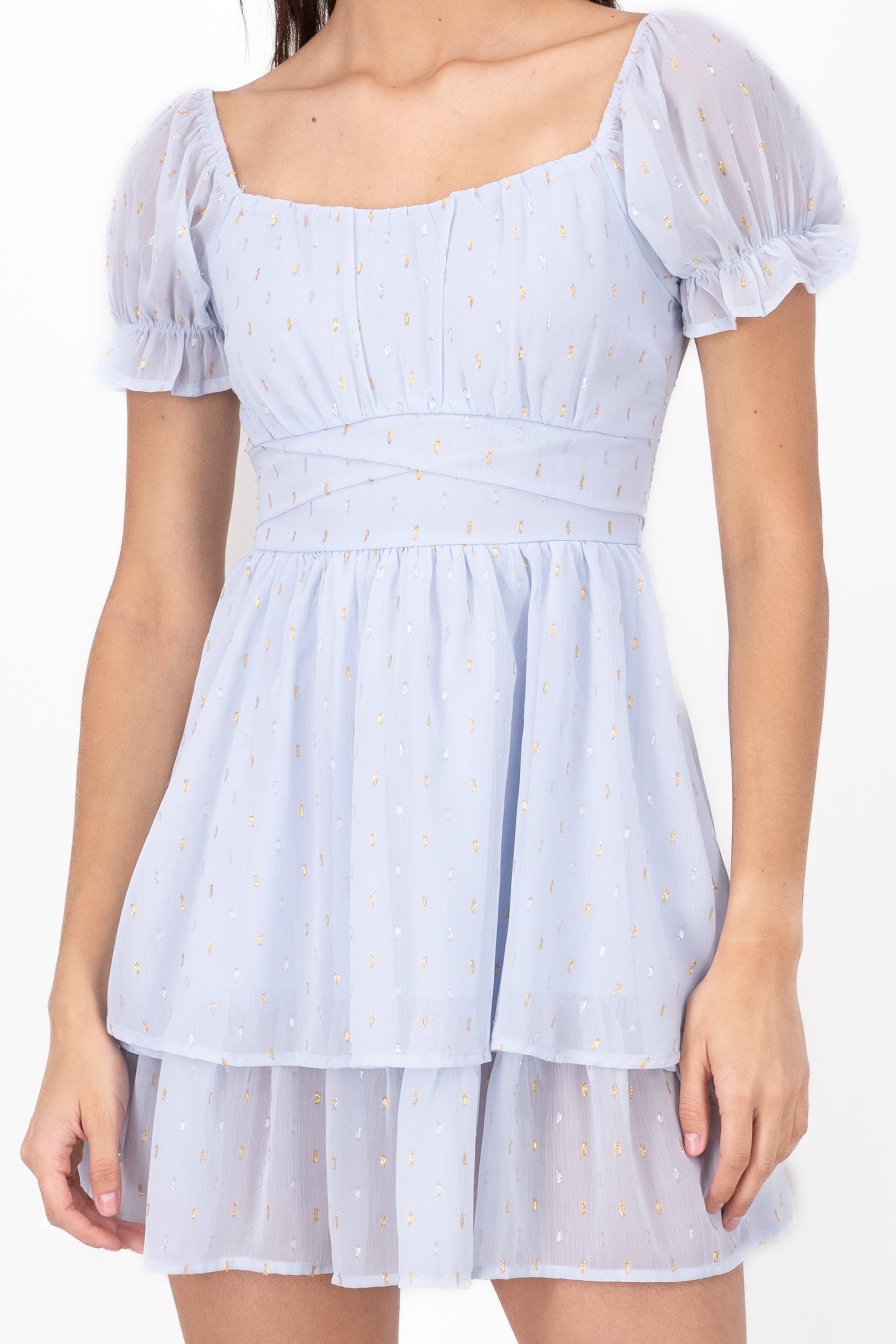 Layered Short Puff Sleeve Mini Dress BLUE