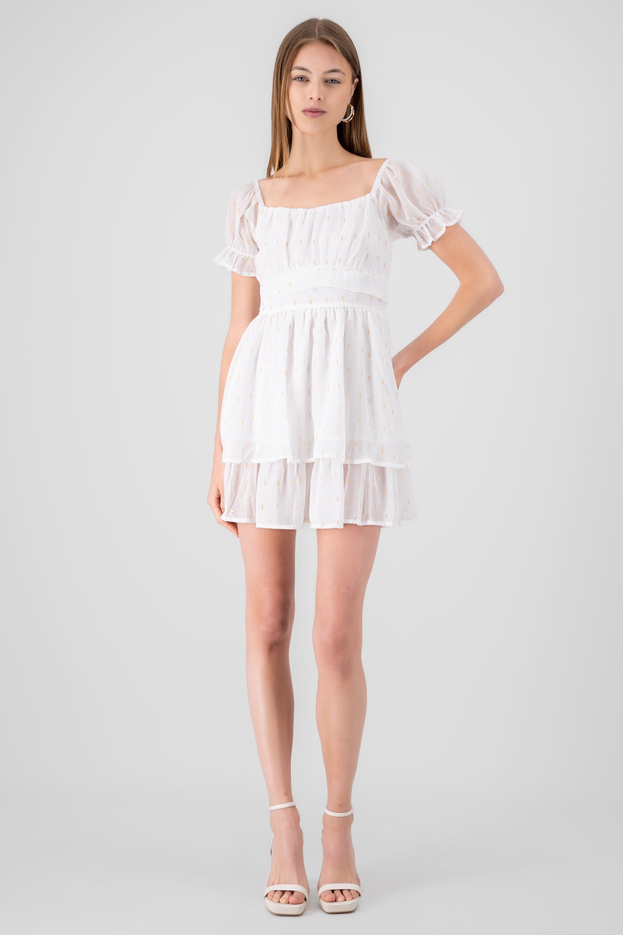 Layered Short Puff Sleeve Mini Dress WHITE