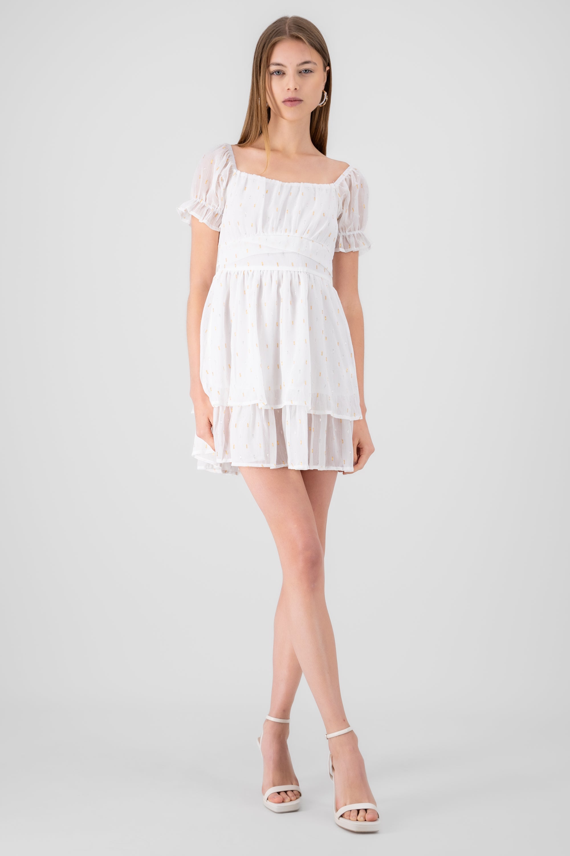 Layered Short Puff Sleeve Mini Dress WHITE