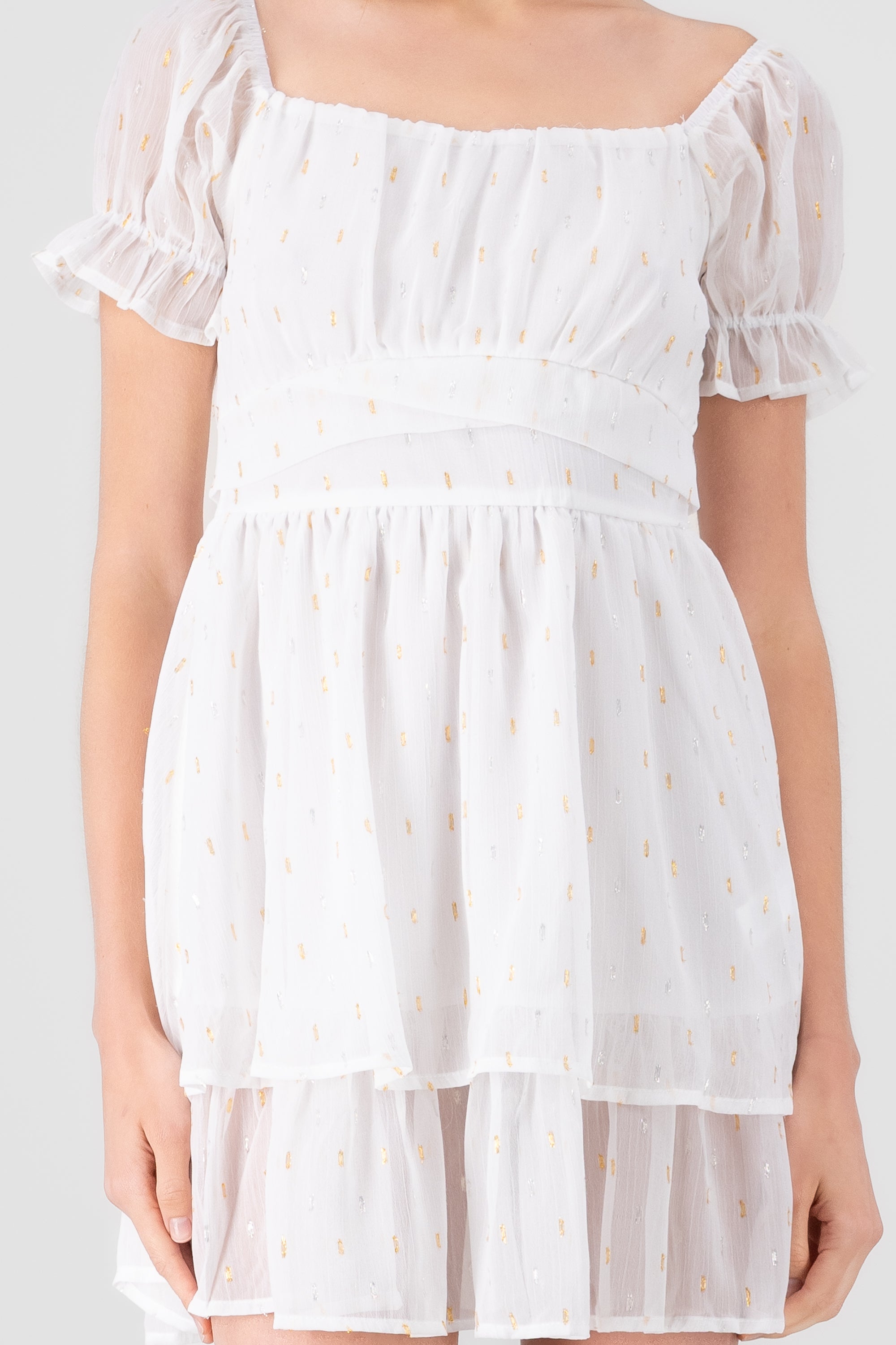 Layered Short Puff Sleeve Mini Dress WHITE