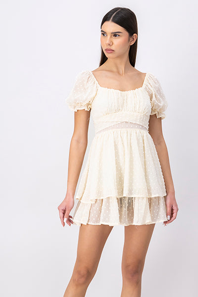 Layered Short Puff Sleeve Mini Dress CREAM