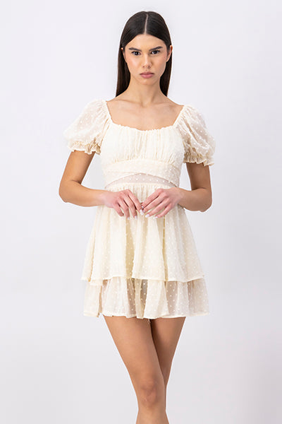 Layered Short Puff Sleeve Mini Dress CREAM