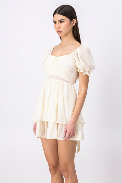 Layered Short Puff Sleeve Mini Dress CREAM