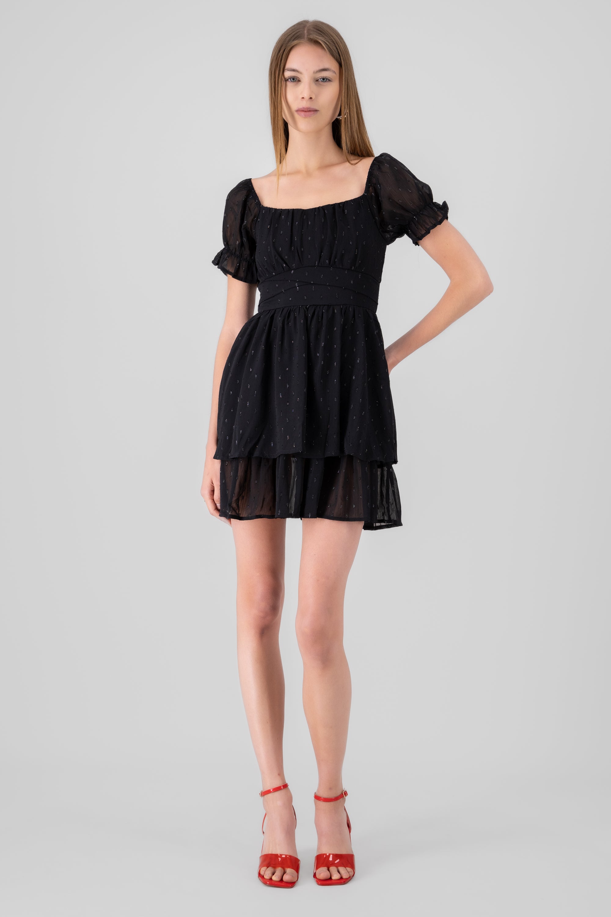 Layered Short Puff Sleeve Mini Dress BLACK