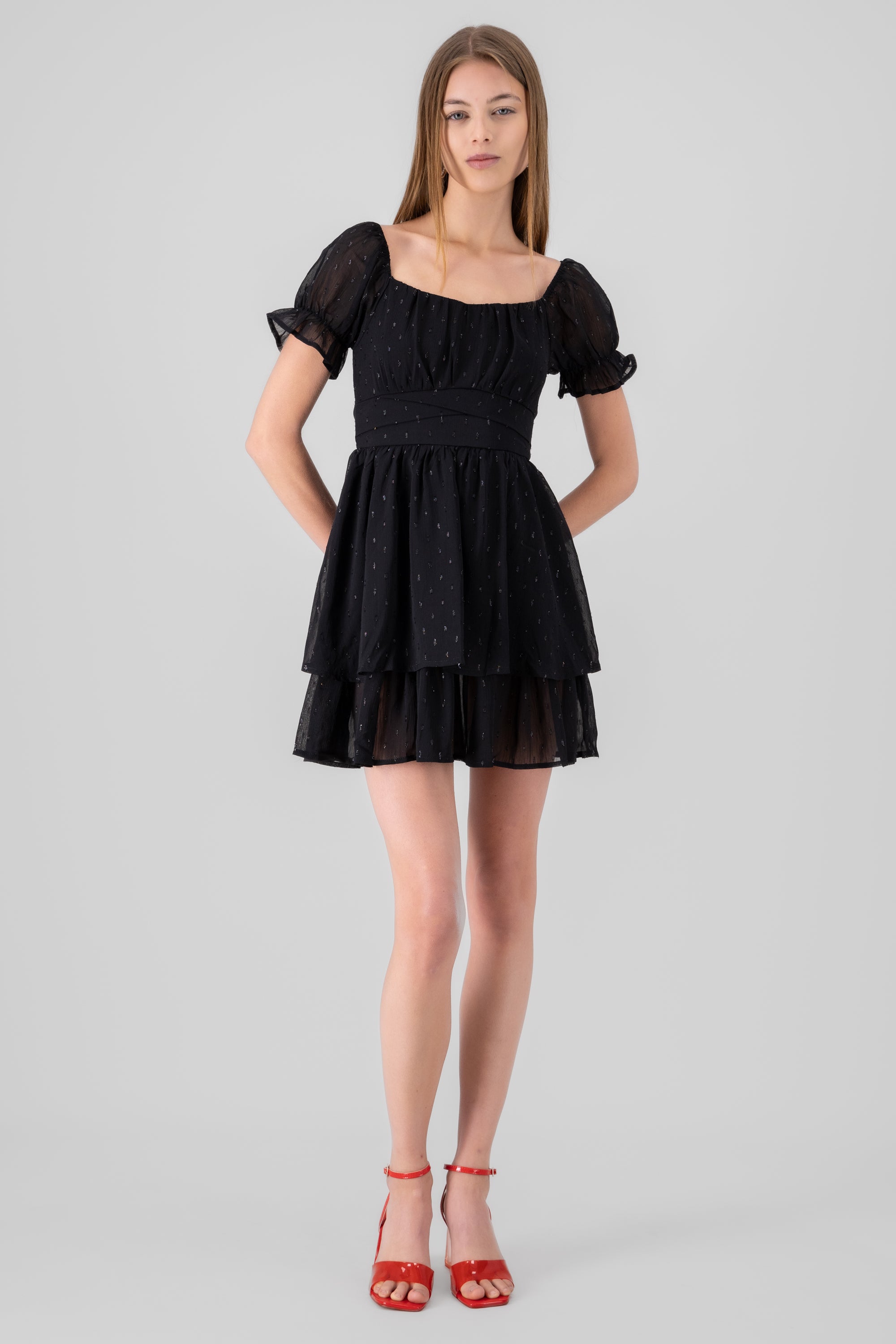 Layered Short Puff Sleeve Mini Dress BLACK