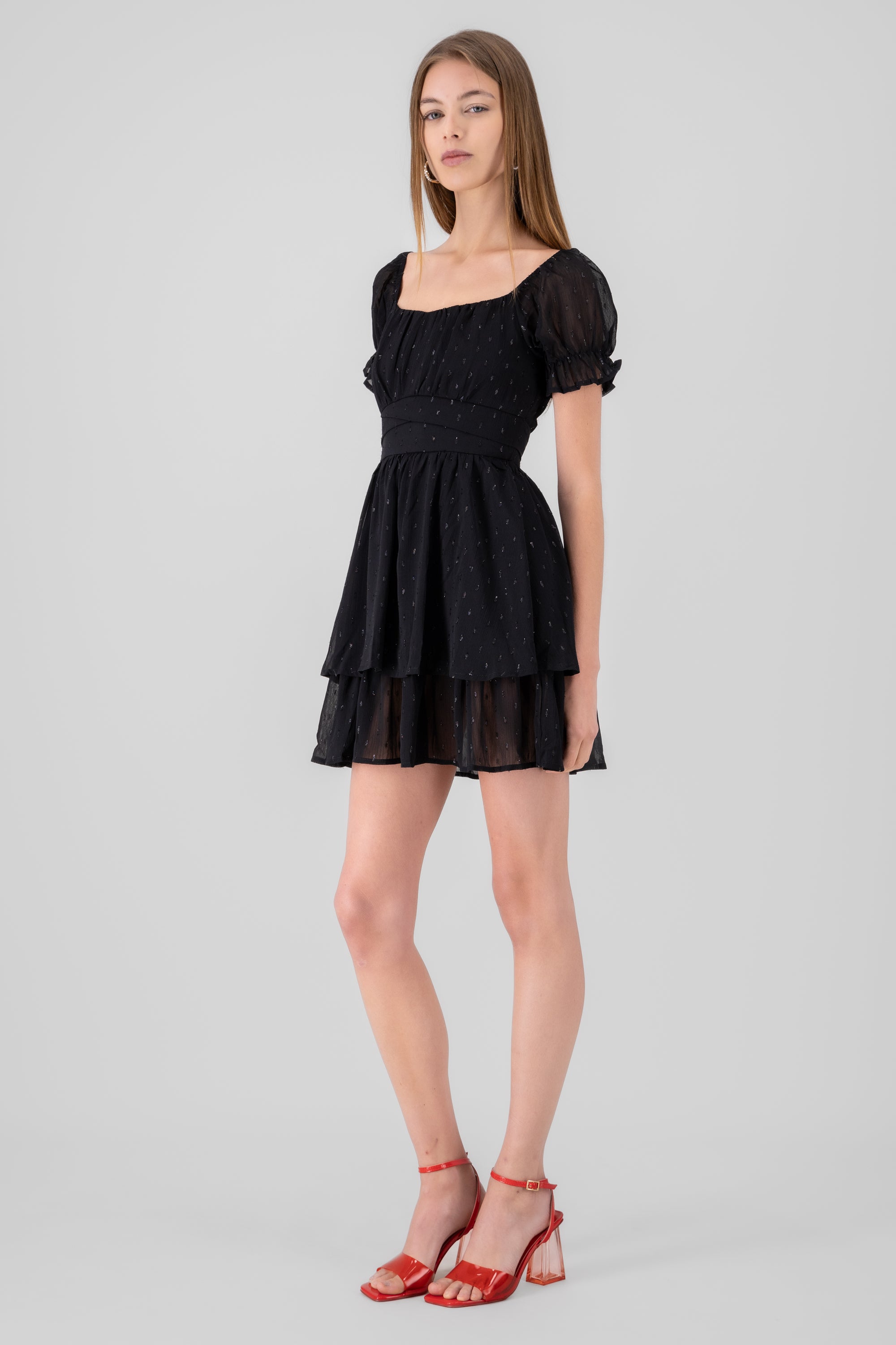 Layered Short Puff Sleeve Mini Dress BLACK