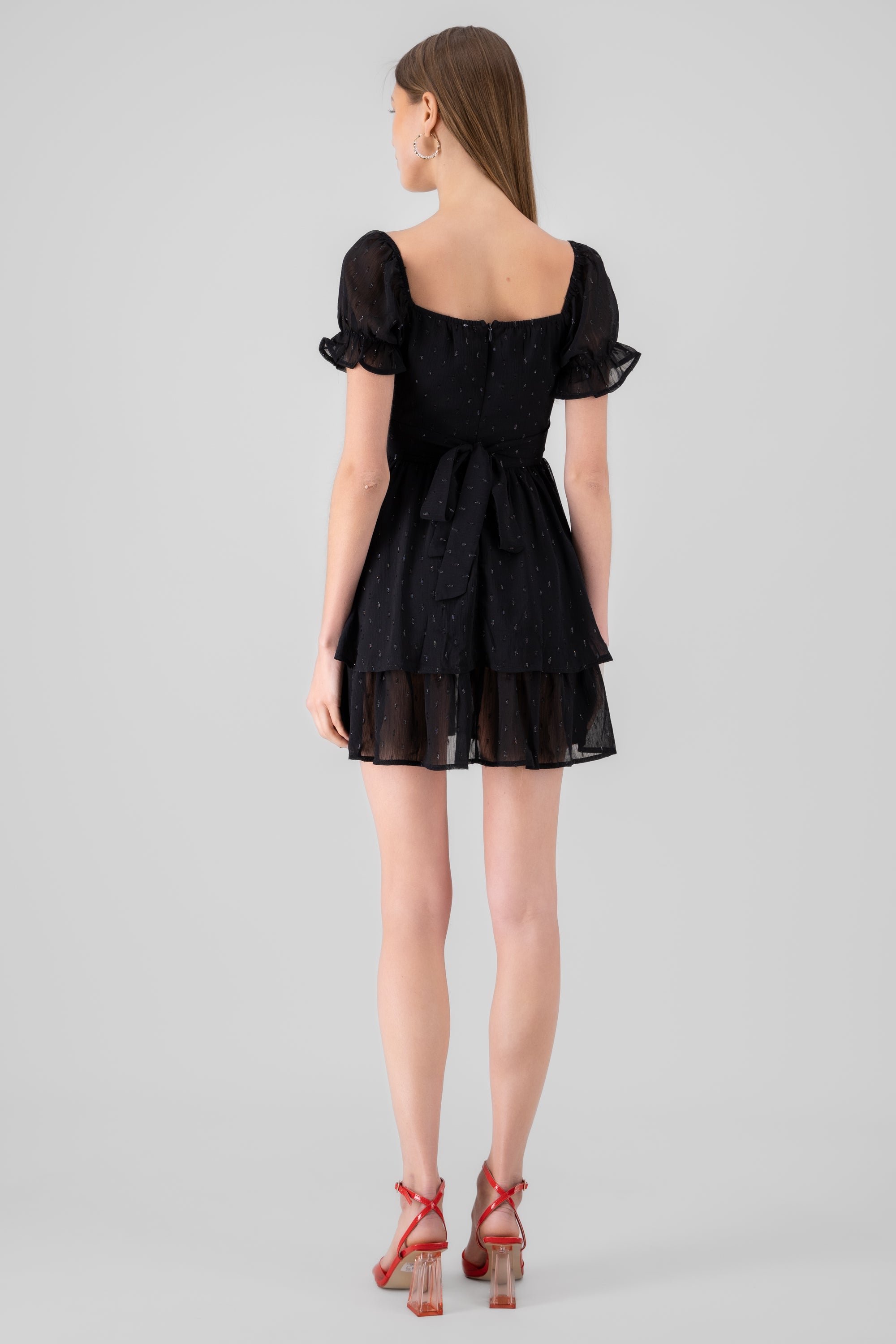 Layered Short Puff Sleeve Mini Dress BLACK