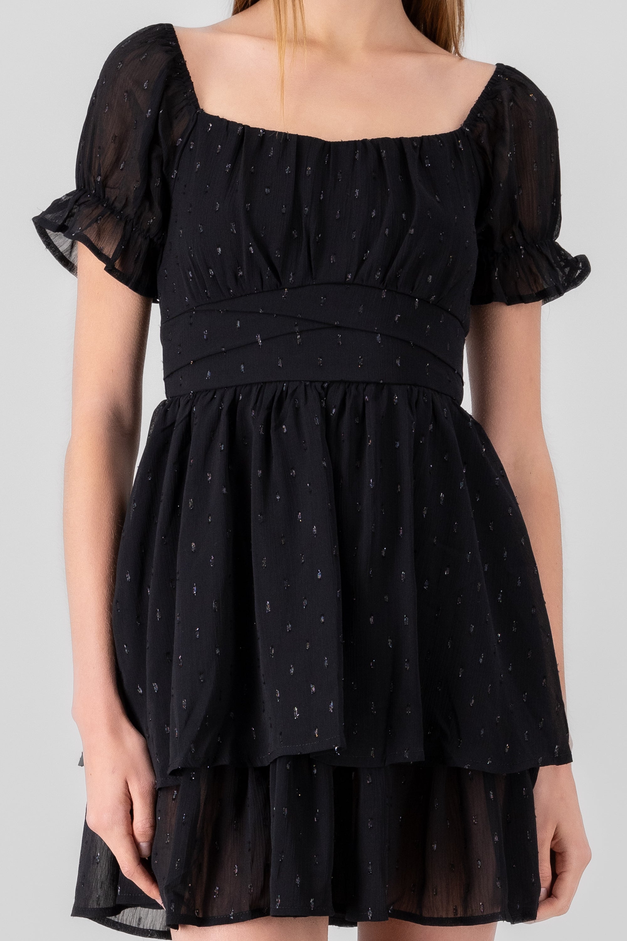 Layered Short Puff Sleeve Mini Dress BLACK